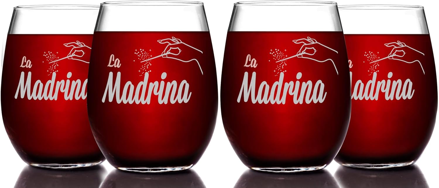 La Madrina Etched Stemless Wine Glass - Premium Quality, Handcrafted Glassware, 15 oz. - A Collectible Gift for Godparents, Birthdays, & Special Occasions