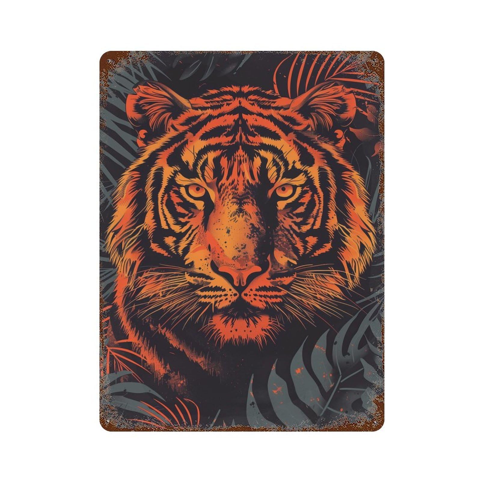 Fierce Tiger Vector Portrait with Jungle Backdrop Decorative Tin Sign 15.7"x11.8", Old School Wall Decor for Garage, Pub Or Kitchen