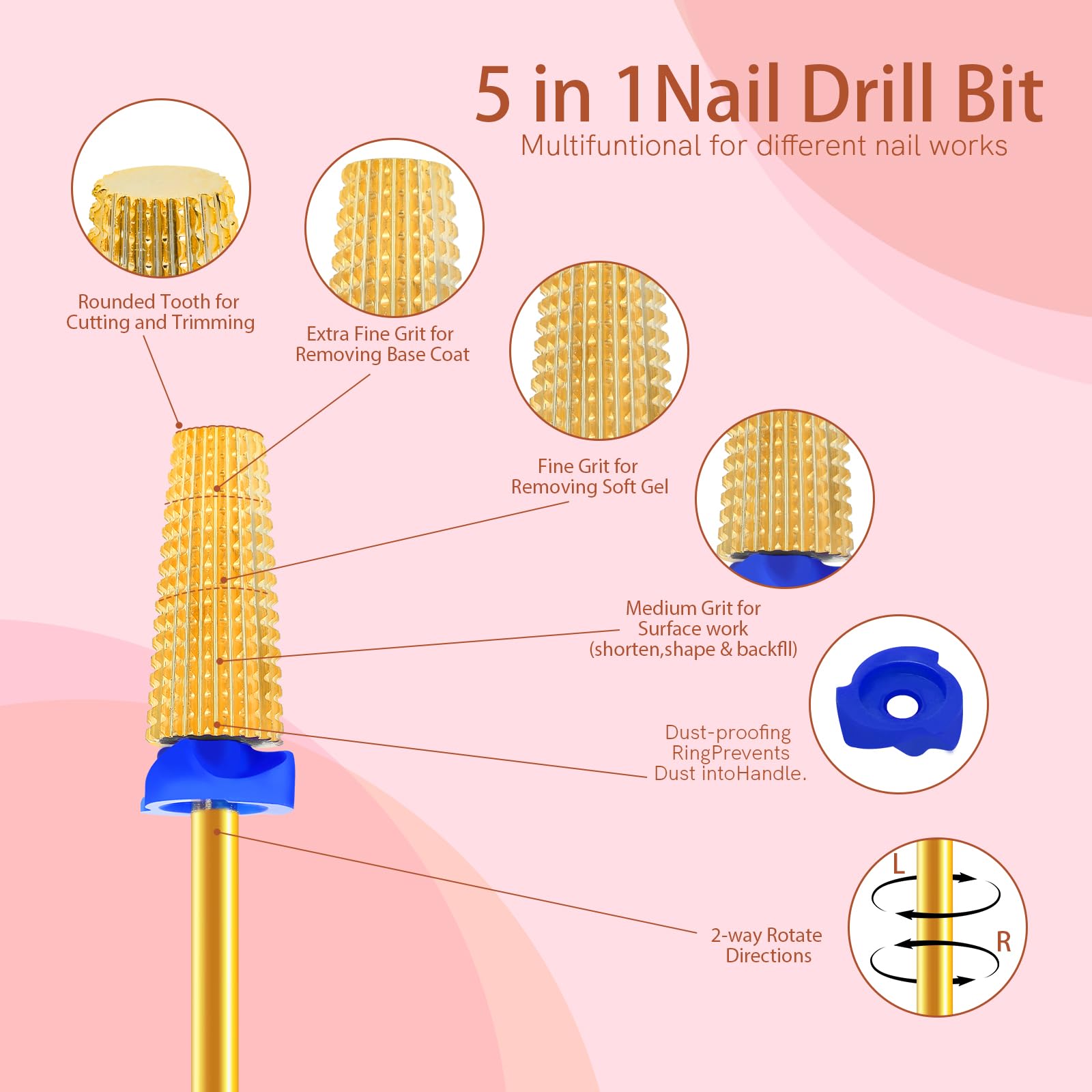 SQULIGT Nagelbohrer, multifunktional, gerader Schnitt für Links- und Rechtshänder, 5-in-1 Hartmetall-Wolframstahl-Bits für Acryl-Nagelgel, schnelles Entfernen (M, Gold)