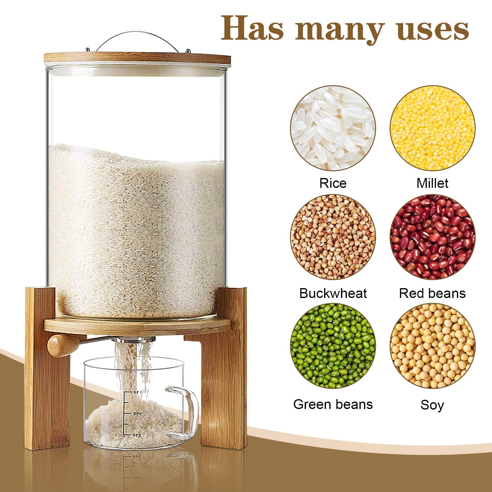 Dispensador de Arroz con Taza Medidora, Dispensador de Cereales (8L) | Dispensador de Legumbres Con Tapa Hermética, Recipientes Herméticos Alimentos para Organizadores Cocina