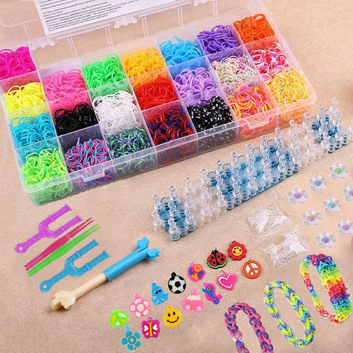 Loom Rubber Bands, DIY Rubber Band Refill Kit In, 22 Unique Colors, 50 S-Clips, 14 Charms，for make bracelets, ornaments, etc. (28 Cells Kit Loom Rubber Bands)