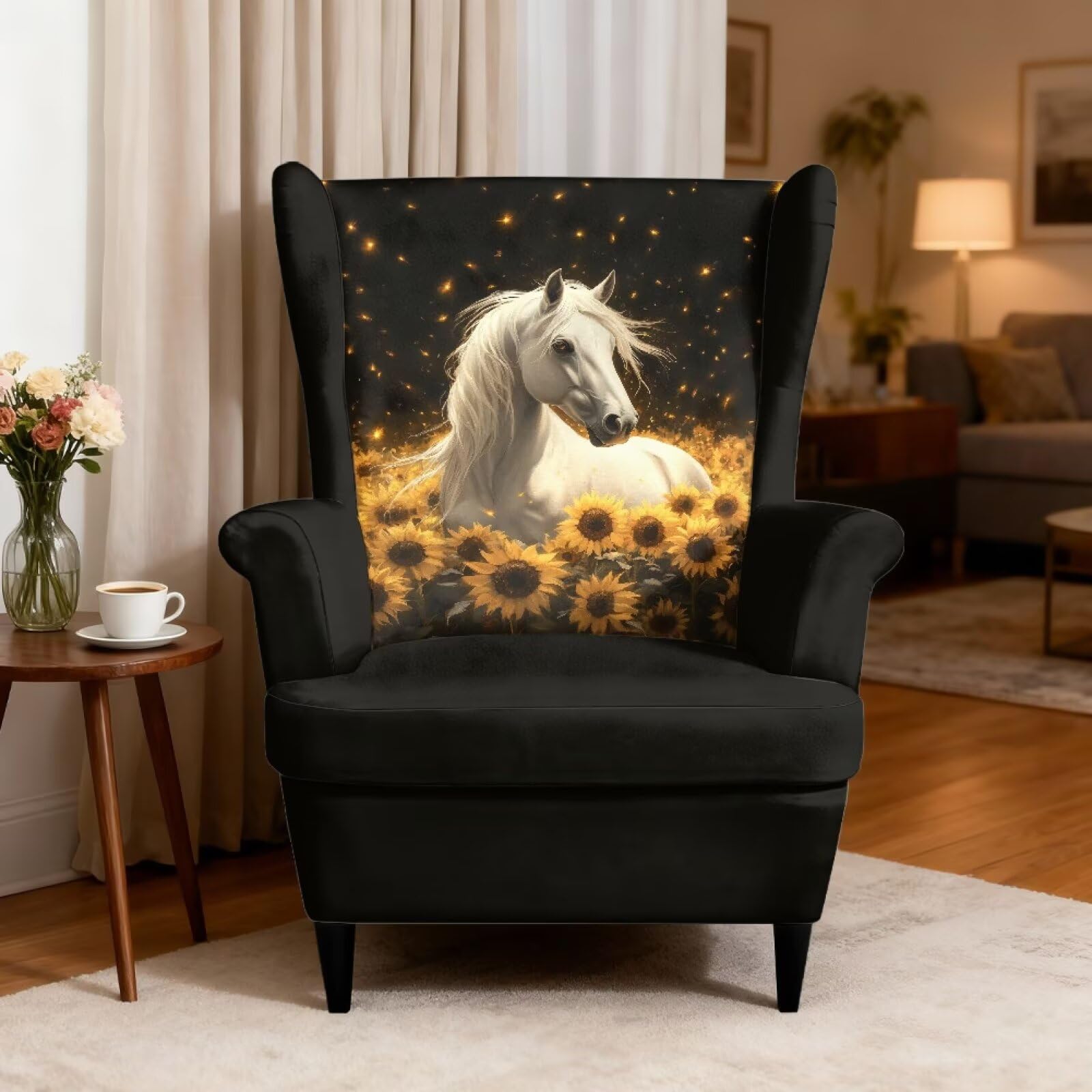 Xoenoiee Funda elástica para silla de ala con estampado de girasol y caballo, 2 piezas, fundas elásticas para sillas de respaldo alado, protector antideslizante para muebles para sala de estar