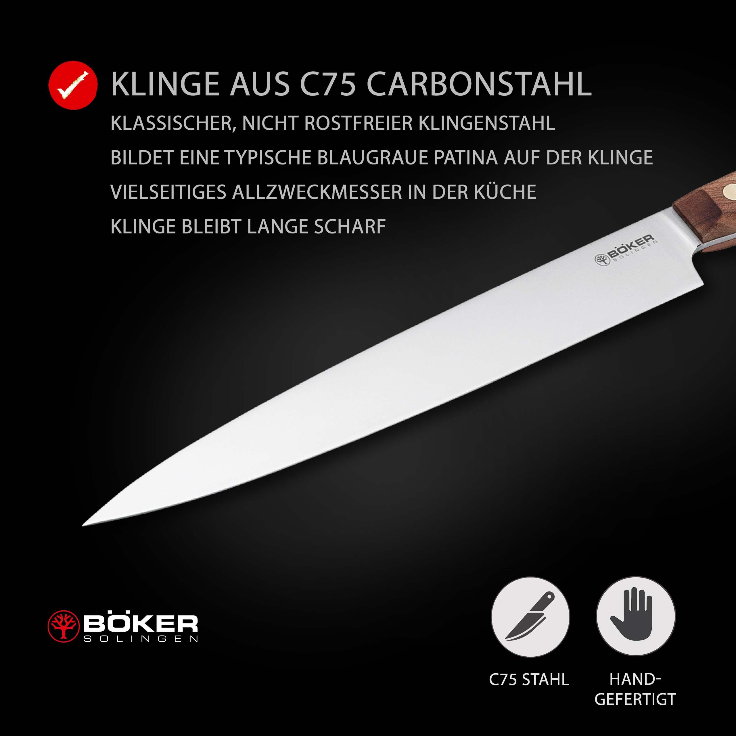 BÖKER SOLINGEN® Cottage-Craft -handgemachtes Fleischmesser mit Holzgriff - extra scharfes Schinkenmesser mit Holzgriff - in edler Geschenkbox, 32.8, Braun
