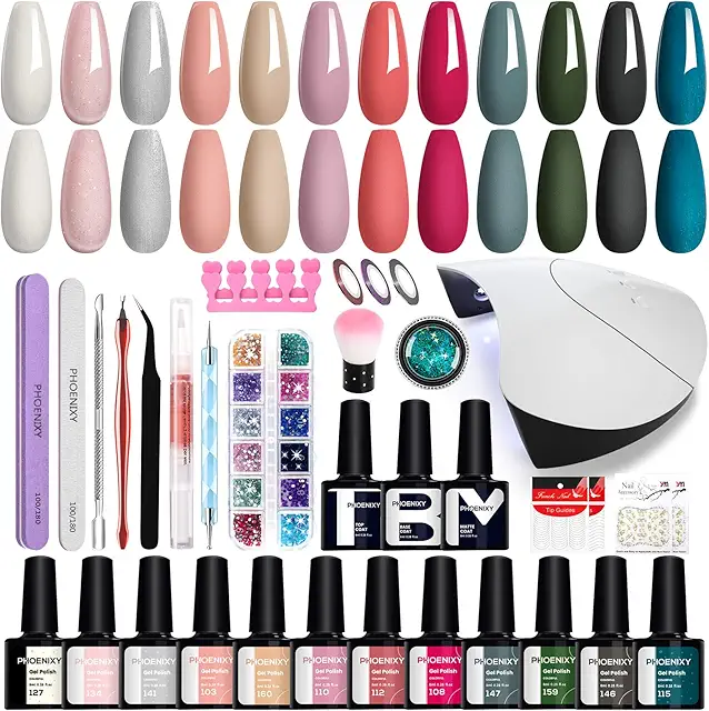 Kit Uñas Semipermanentes Phoenixy con Lámpara UV/LED y 12 Colores para Principiantes