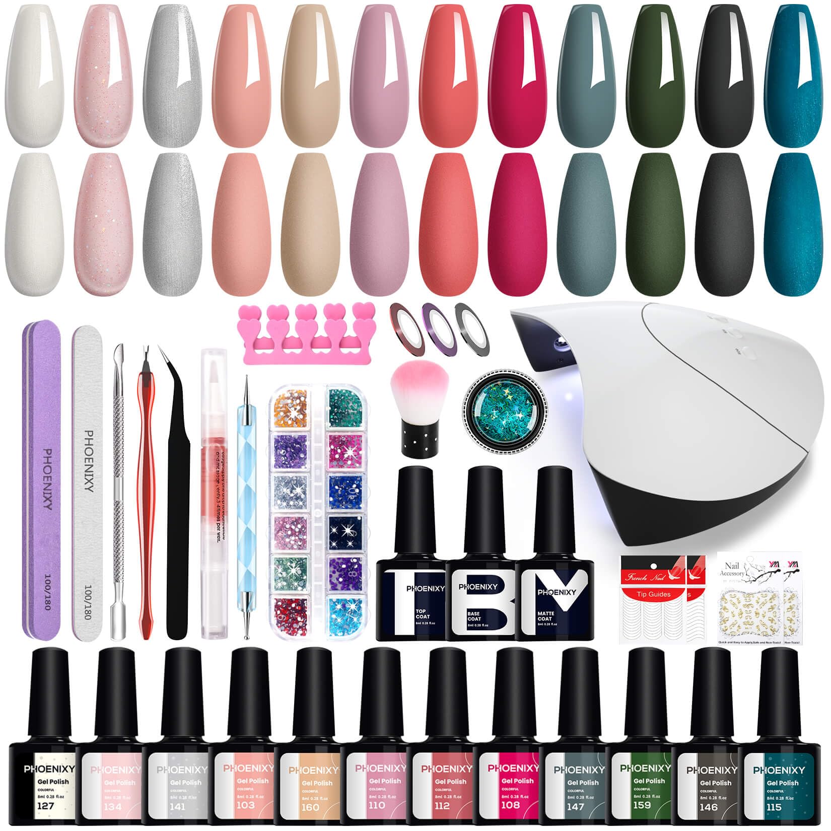 Phoenixy Kit Uñas Semipermanentes con U V/LED Lámpara 12 Colores Uñas Semipermanentes Kit Completo con Base y Mate Top Coat Set Manicura Semipermanente para Principiantes