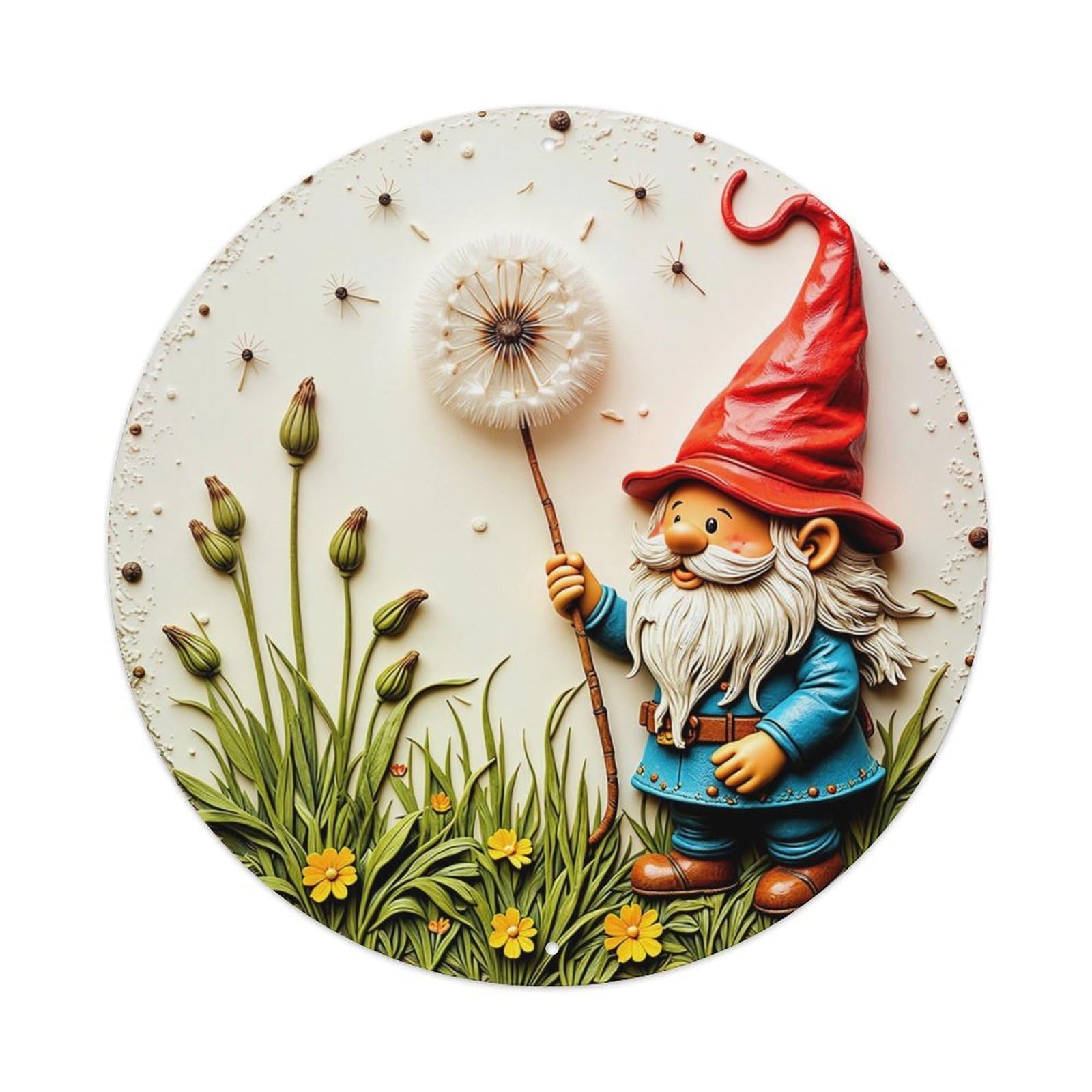 Gnome Dandelion Garden Spring Nature Retro Metal Sign Round Tin Sign, Vintage Decor Art Poster for Bar, Home, Man Cave, Kitchen, Laundry Room Gift 8x8Inch