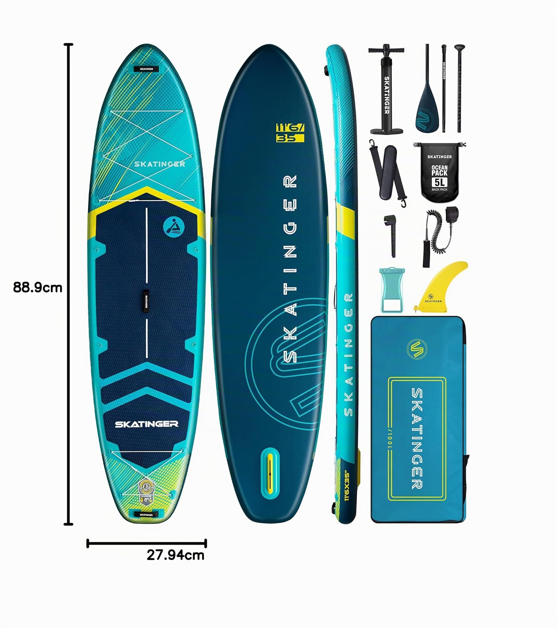 Skatinger Tabla de Remo Inflable de pie, Tabla de Remo Inflable de 11 x 34 x 6 Pulgadas, Tabla de Remo de Yoga con Mochila 1600D, 6 Anillos en D adicionales, Correa para el Hombro, Aleta Central de