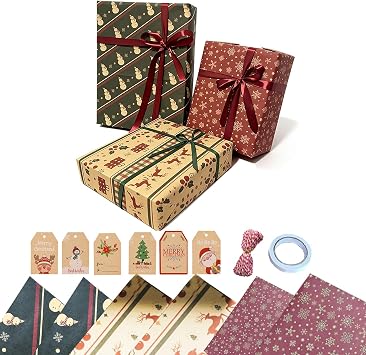 Sociplentycom Christmas Gift Wrapping Paper Set, 6 Sheets Classic Kraft Holiday Paper with Gift Tags Christmas Snow Deer, 19.6X27.5INCH