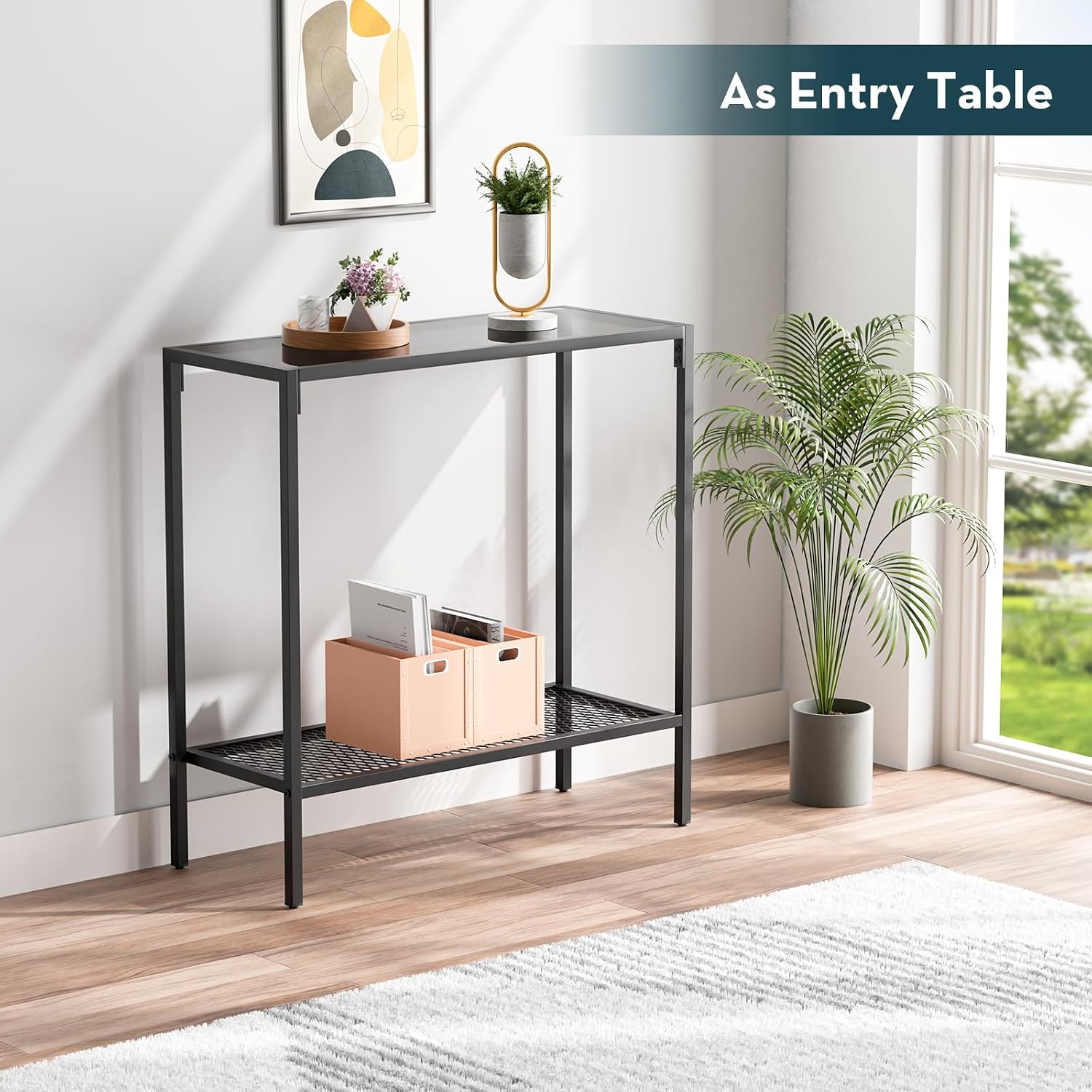 SAYGOER Black Console Table Glass Small Entryway Table Narrow Sofa Table with Storage, 2 Tier Couch Table Hallway Table for Entry Way Living Room Home Office, Easy Assembly, All Black