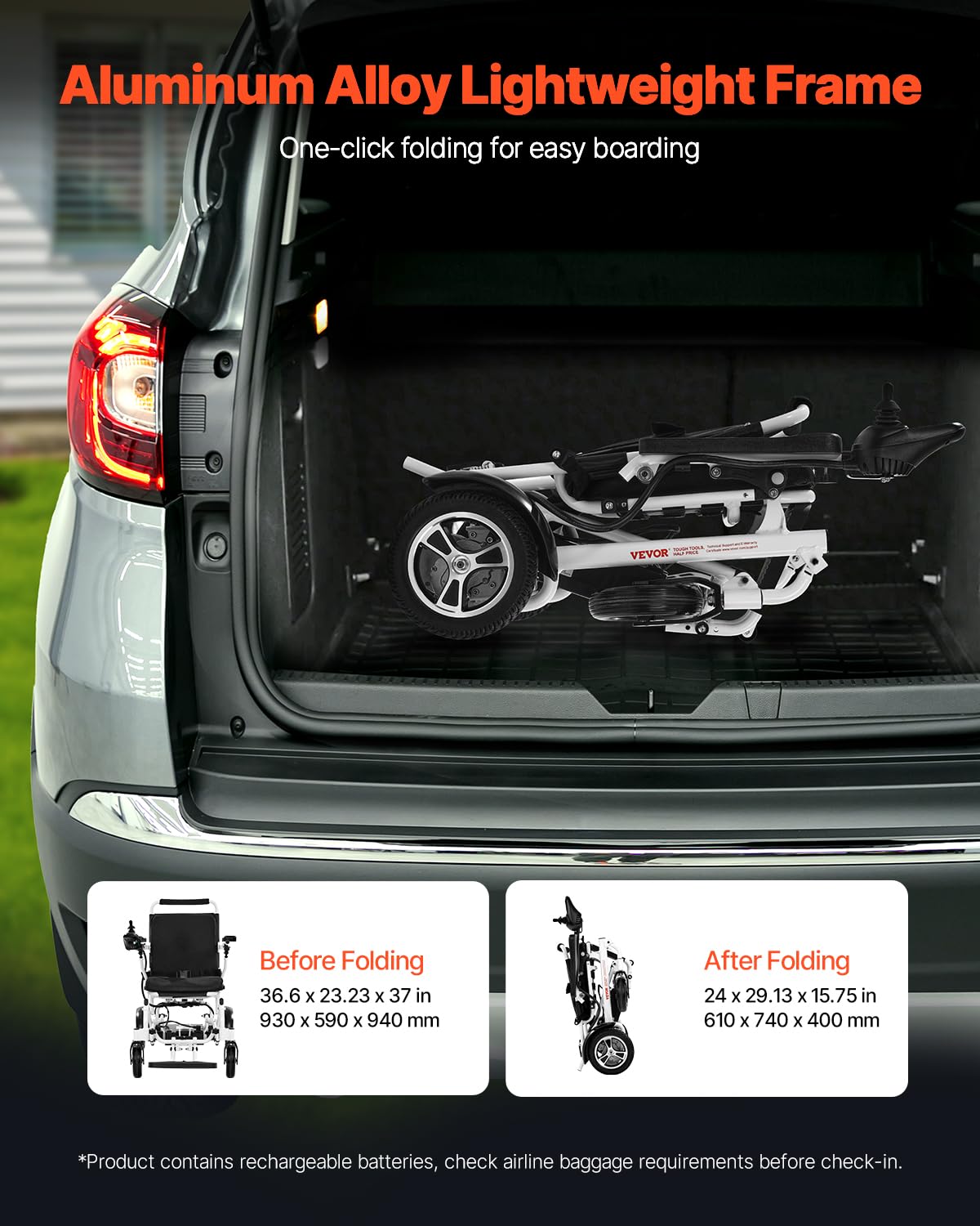 VEVOR Silla de Ruedas Eléctrica para Adultos Capacidad de 136 kg Plegable Ligera Motorizada Autonomía de 21 km Ajuste de 5 Velocidades Todoterreno Portátil para Personas Mayores, Discapacitadas