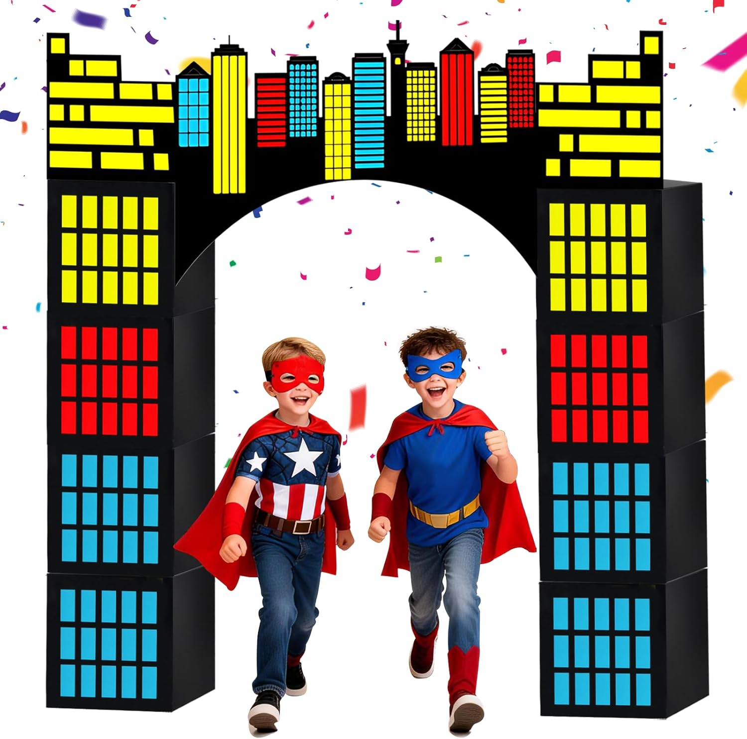 11 Pcs Super Theme Hero Party Decoration, Hero Party Boxes, Hero Skyscraper Arch Decorations, City Skyline Buildings Photography Backdrop for Boys Girls Birthday Party Decoration