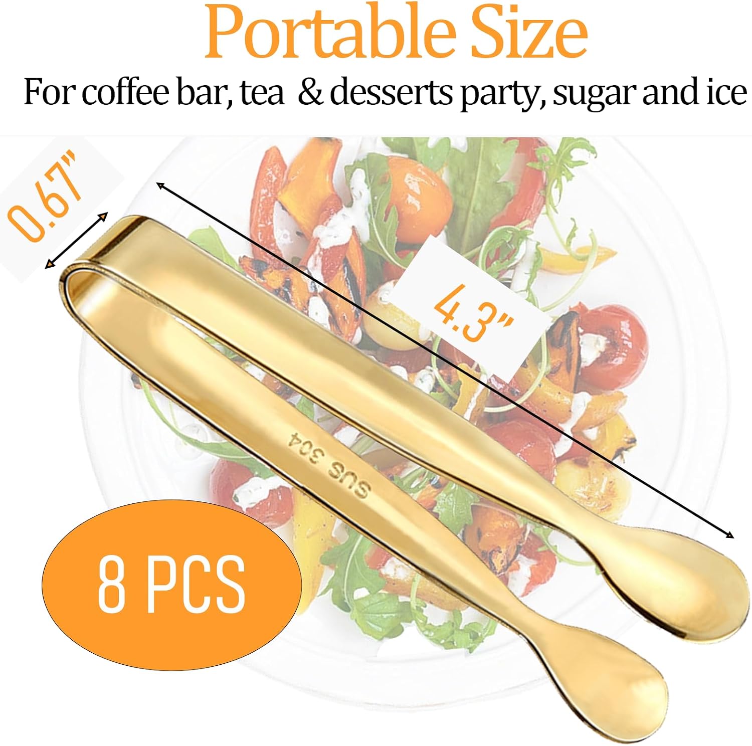 8PCS Gold Mini Metal Tongs, 4.25" Stainless Steel Tiny Tong, Small Kitchen Accessories for Serving Food, Ice, Sugar Cube, Salad, Toaster, Desserts