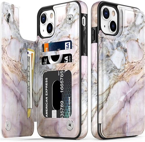 LETO Funda para iPhone 15+ Plus con tapa tipo folio de cuero, diseños de flores de moda, ranuras para tarjetas, función atril, funda protectora para