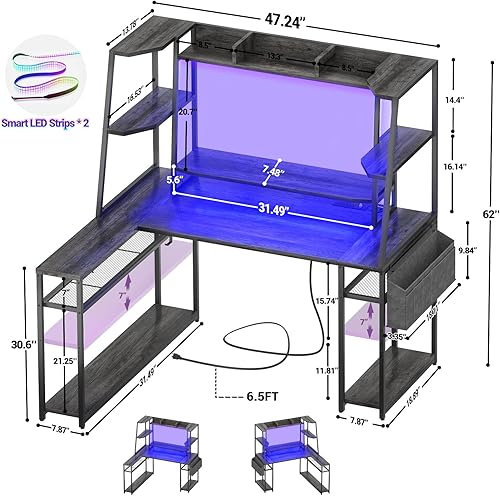 Miniatura 2 de armocity Escritorio grande en forma de L de 63 pulgadas con luces LED y regletas de alimentación, escritorio reversible para juegos con gabinete,