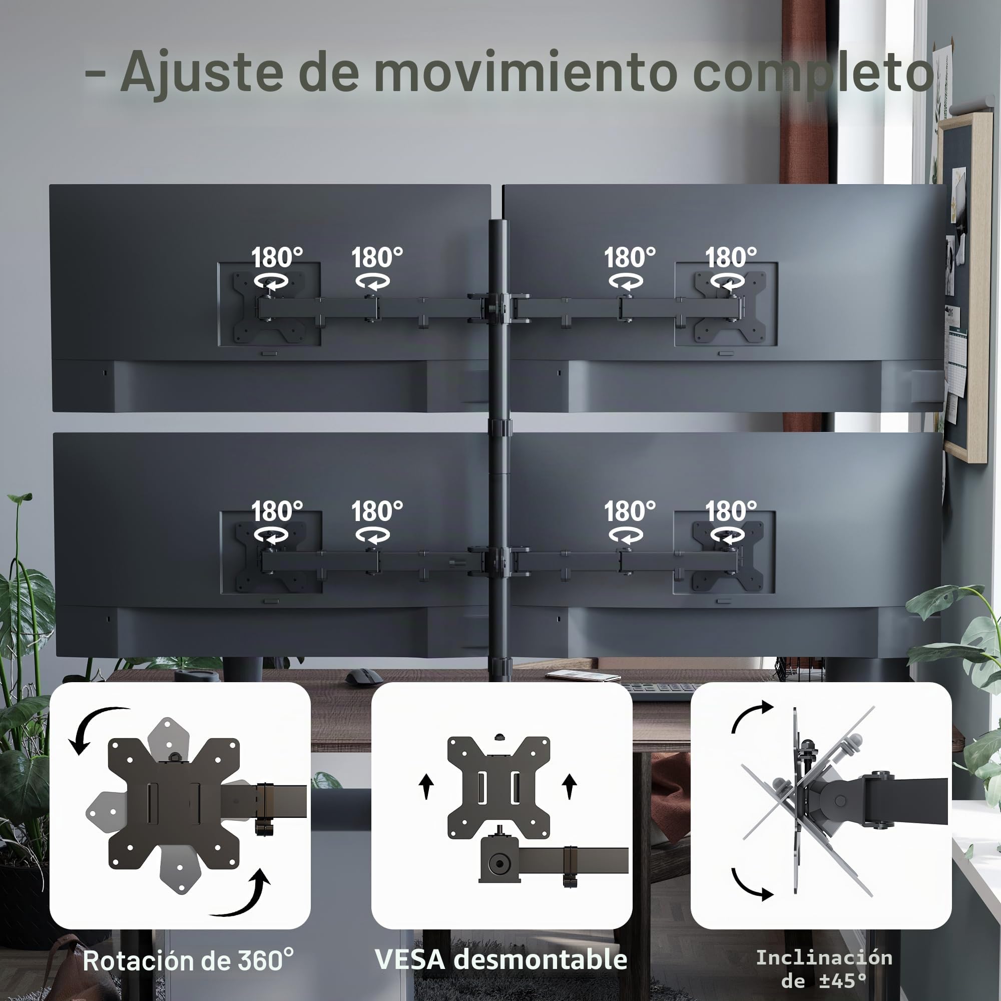 BONTEC Soporte Monitor para 4 Monitores de 13-27 Pulgadas LED/LCD, Soporte para Mesa con Peso Máximo 10KG de Cada Brazo, Giro de 360° y Rotación de 180°, Altura Ajustable, VESA 75x75/100x100, Negro