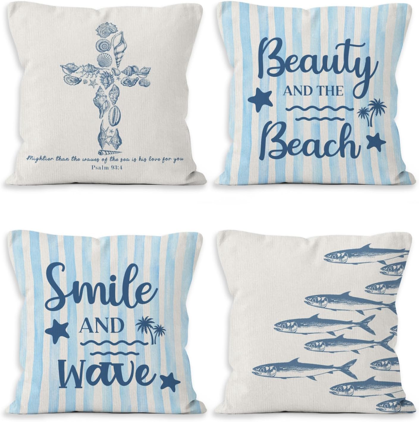 Coastal Beach Christian Throw Pillow Covers 18x18 Set of 4, Blue Ocean Beach Seashell Fish Bible Verse Decorative Pillow Covers for Sofa Home Bedroom, Religious Accent Pillows Cover Pillowcases