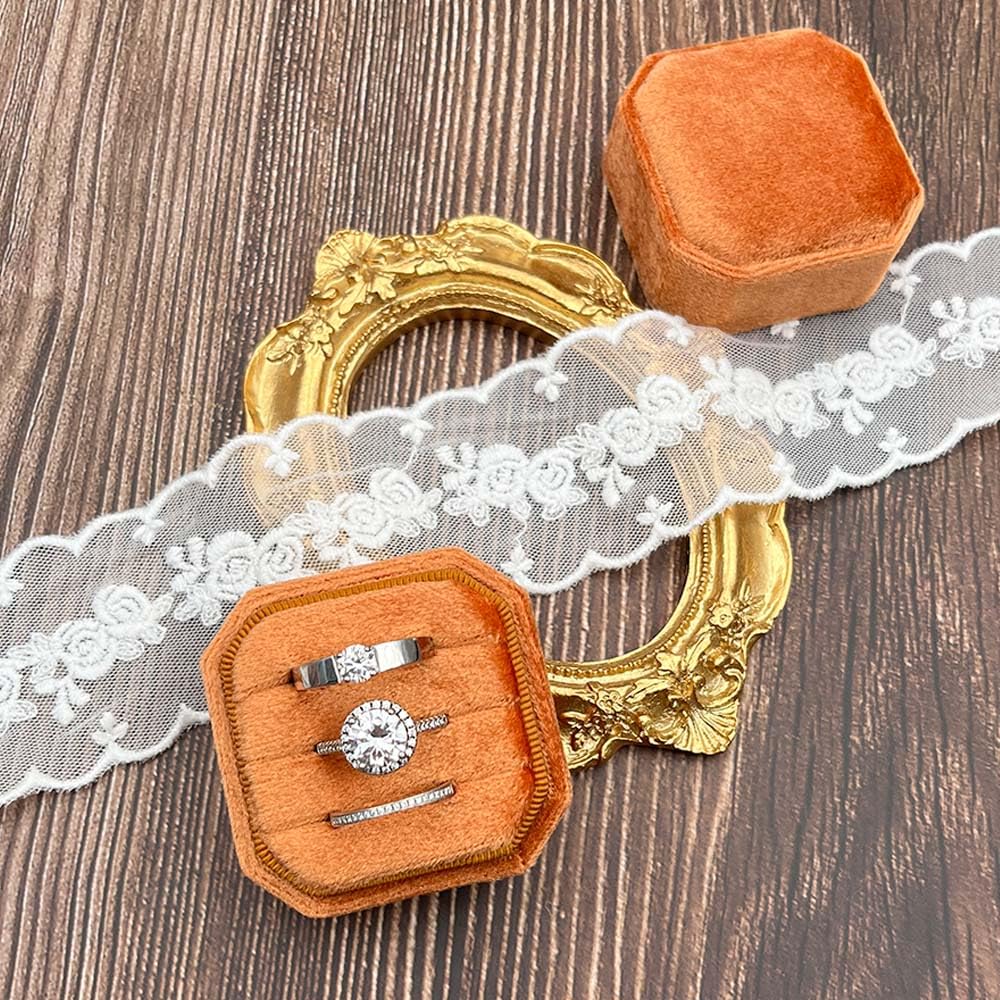 Scatola per anelli in velluto a 3 scomparti, ottagonale di alta qualità, fatta a mano, per cerimonie nuziali, proposte, fidanzamenti, Natale, fotografia (arancione)
