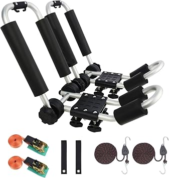 Upgraded Universal Folding Kayak Rack, J-Bar Carrier for Canoe Boat SUP Ski, Mount on Car Roof Top Crossbar, Includes 4 Ratchet Straps, 2 Anchor Straps 1 Pair, Aluminum