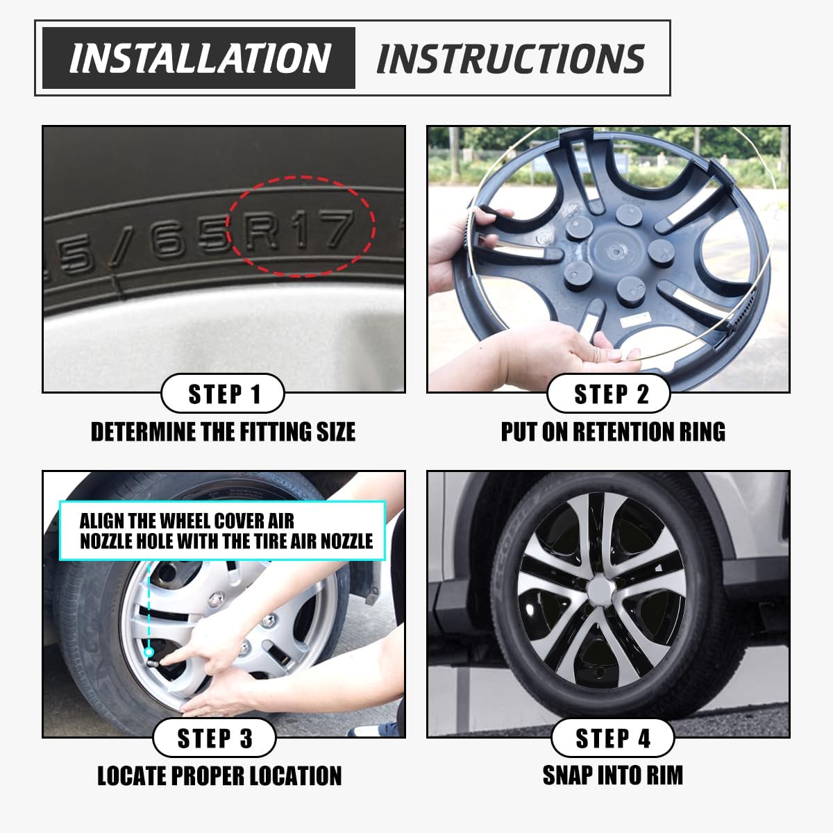17 Inch Hubcaps Wheel Cover Fit for Toyota RAV4 2013 2014 2015 2016 2017 2018, R17 Wheel Rims Cover Hub Caps Snap on Car, ABS Material, Set of 4, Silver & Black Lacquer
