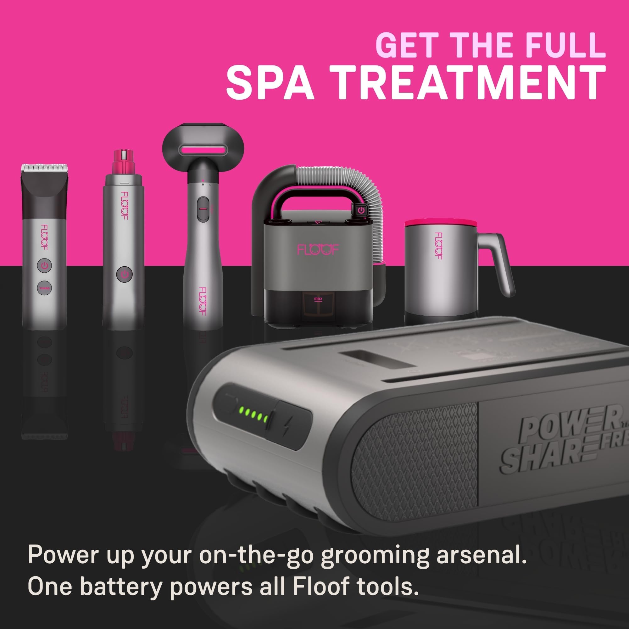 FLOOF Cortaúñas para perros para aseo y amoladora de uñas para perros, kit profesional de aseo para perros para experiencia similar a un salón, libertad Powershare de 20 V, sistema portátil de aseo