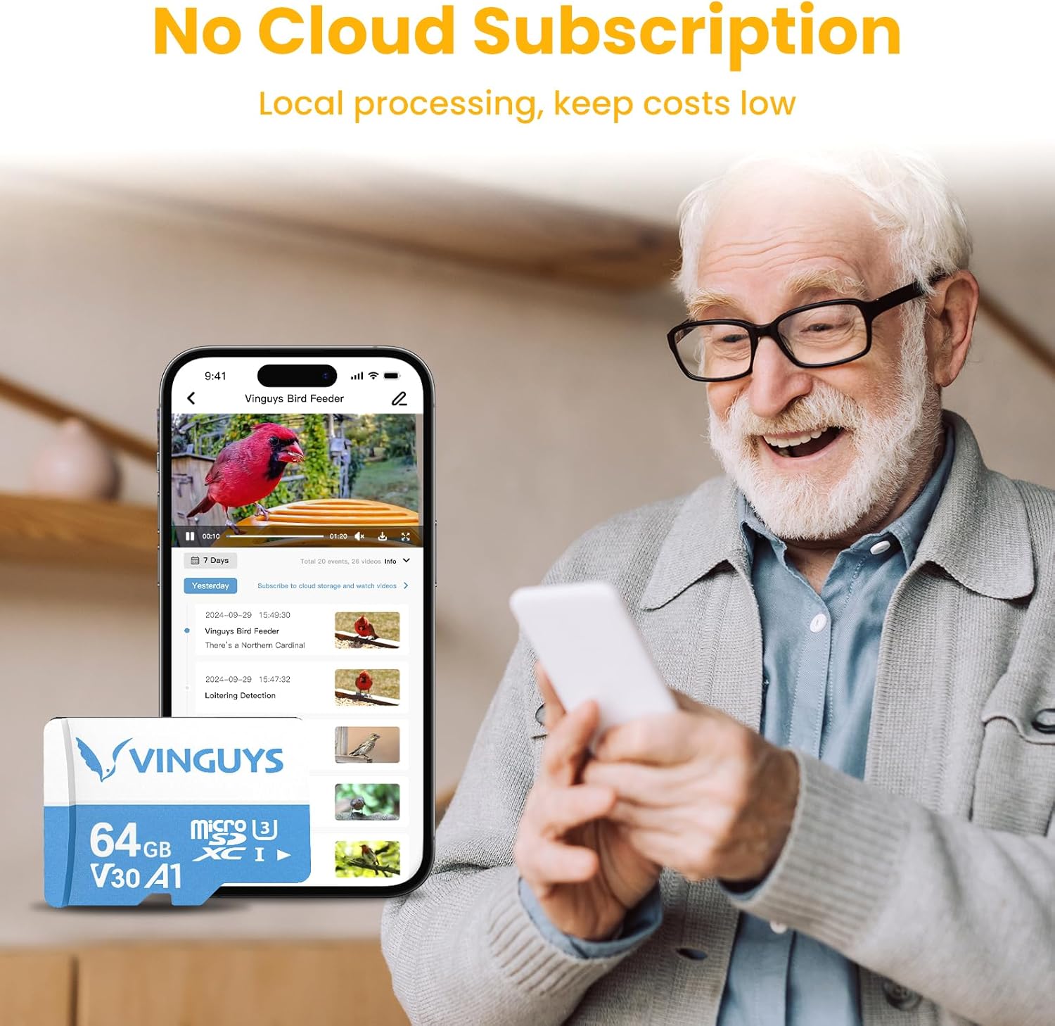 64GB TF Card, No Cloud Subscription Needed Anymore, Ideal for Bird Feeder Camera, Up to 4K Bird Video Recording, Full HD, Up to100MB/s, U3, V30, A1, High-Speed TF Card
