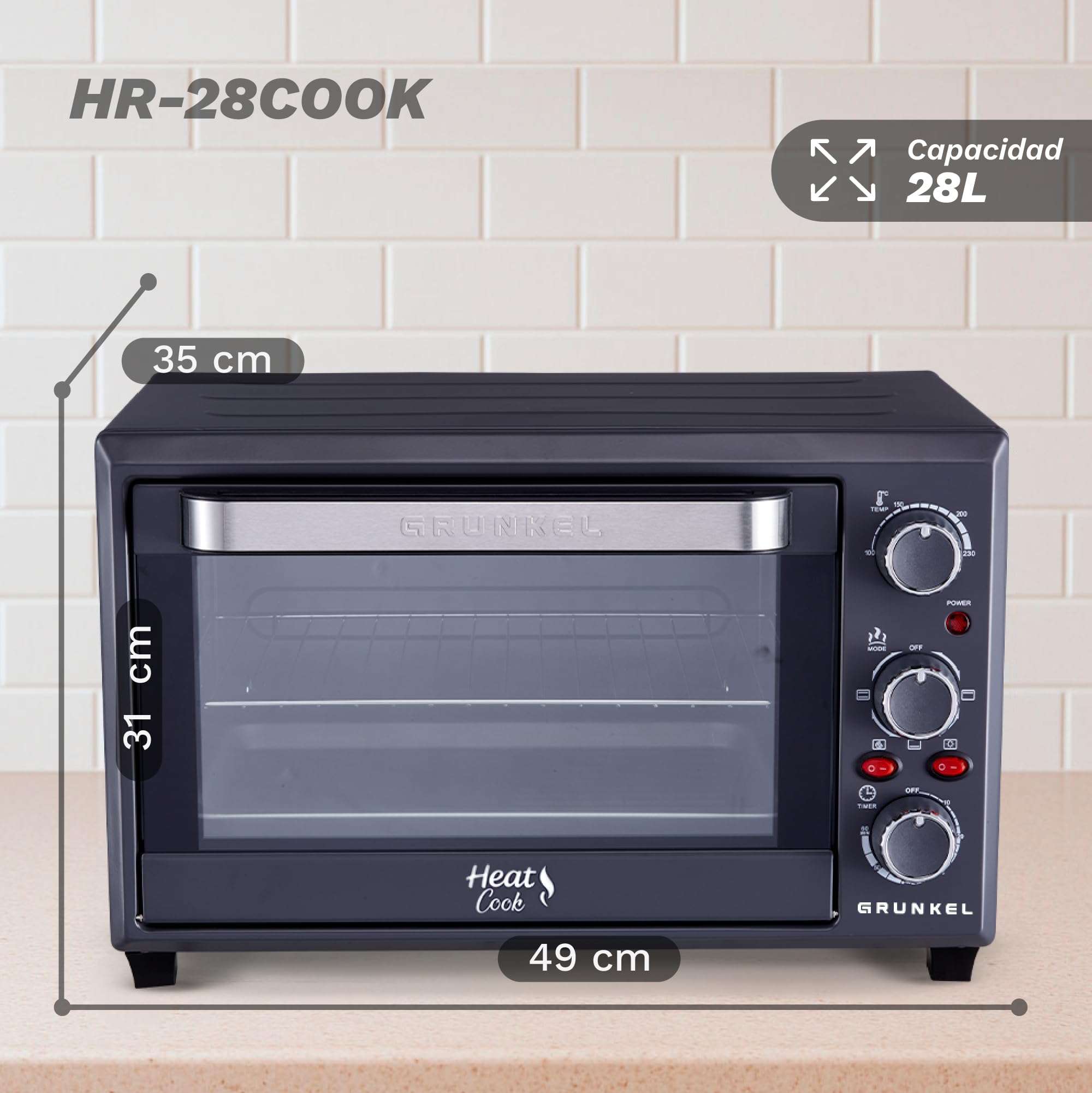 Grunkel Forno elettrico multifunzione da tavolo da 28 l con 3 funzioni di calore e selettore di temperatura fino a 230 °C. Timer fino a 60 min - 1600 W
