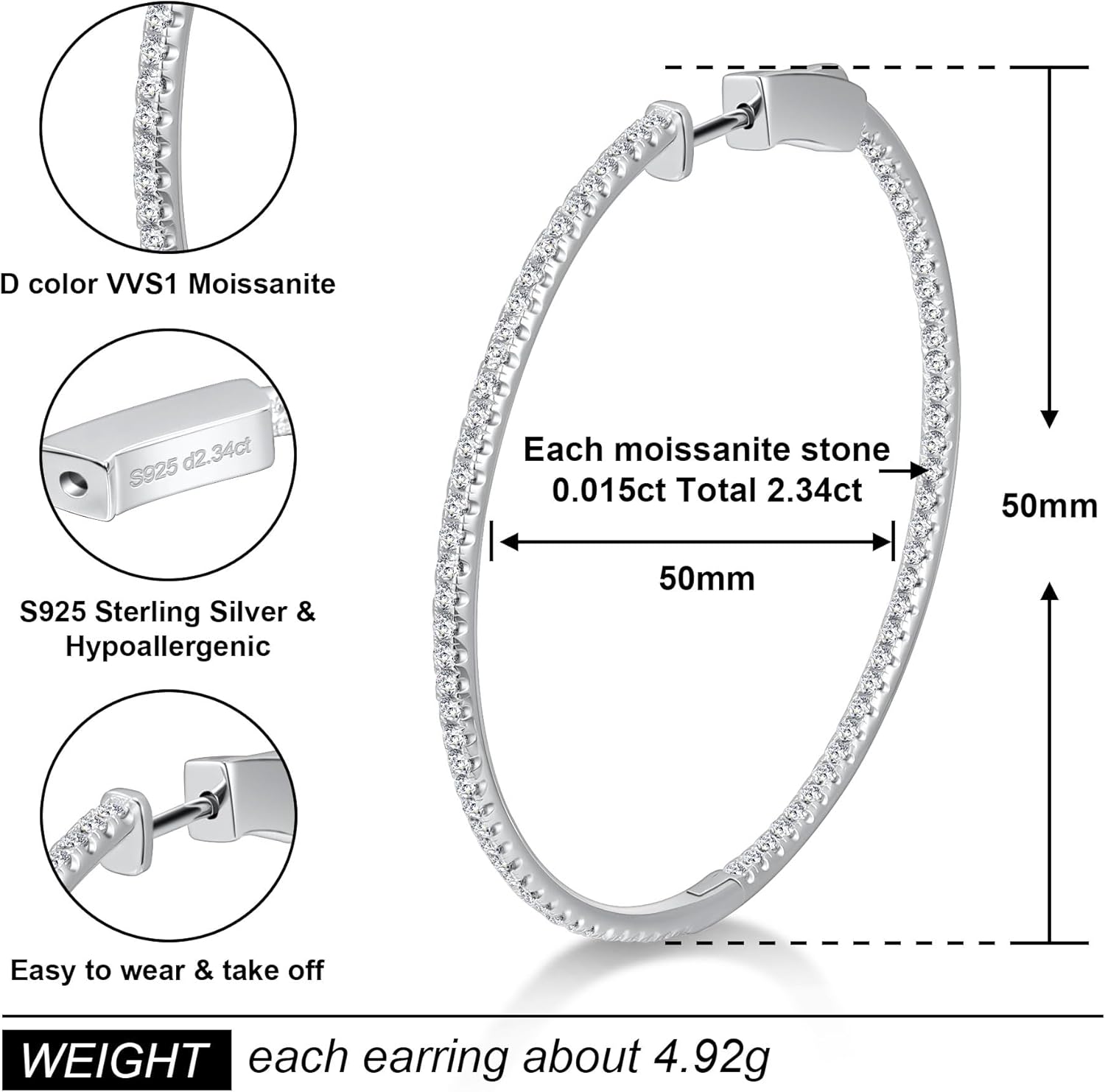 Moissanite Hoop Earrings for Women S925 Sterling Silver D Color VVS1 Round Cut Moissanite Inside Out Round Loops Hypoallergenic Large Huggie Hoop Earrings - Image 3