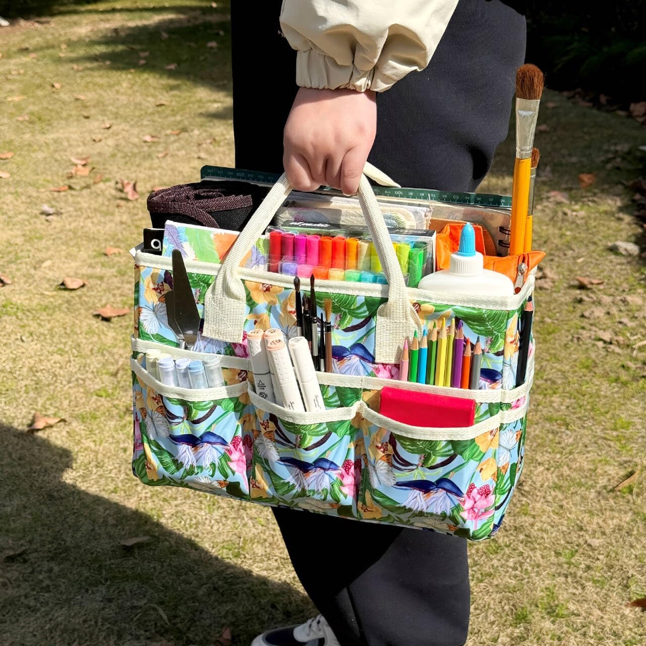 qianshan Craft Organizer Tote Bag with Multiple Pockets,Large Art Storage Caddy with Handles for Art,Craft,Journal,Sewing,Make-up,Scrapbooking,Medical and Office Supplies Storage.Flower Clusters