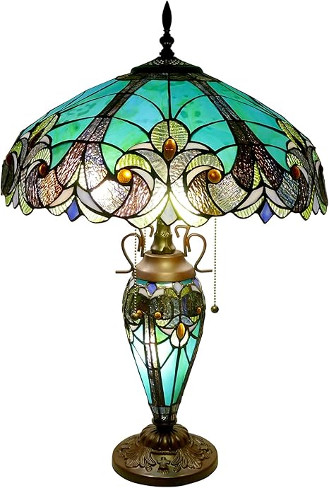 VirtueKing Tiffany Lamp Green Handmade Stained Glass Table Lamp Desk Light 18" Wide 24" Tall Vintage Tiffany Style Table Lamp for Bedroom Living Room Home Office, LED Bulb Included