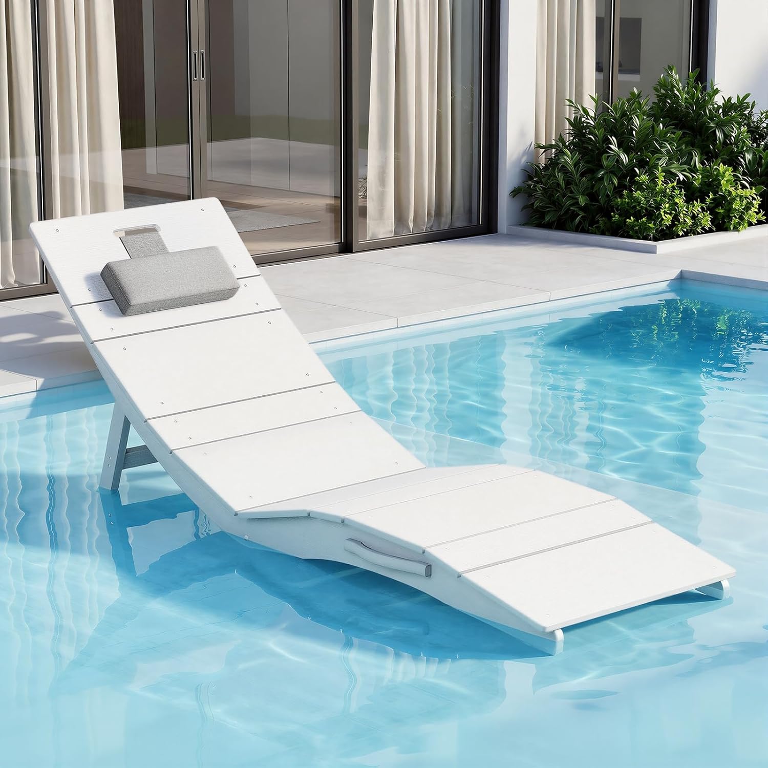 Pool Lounge Chair Outdoor, Weather Resistant HIPS Chaise Lounge for in Pool, Folding Tanning Chairs with Headrest, Holds up to 400LBS, Anti-Floating Lounger for Outside Poolside Yard Deck, White