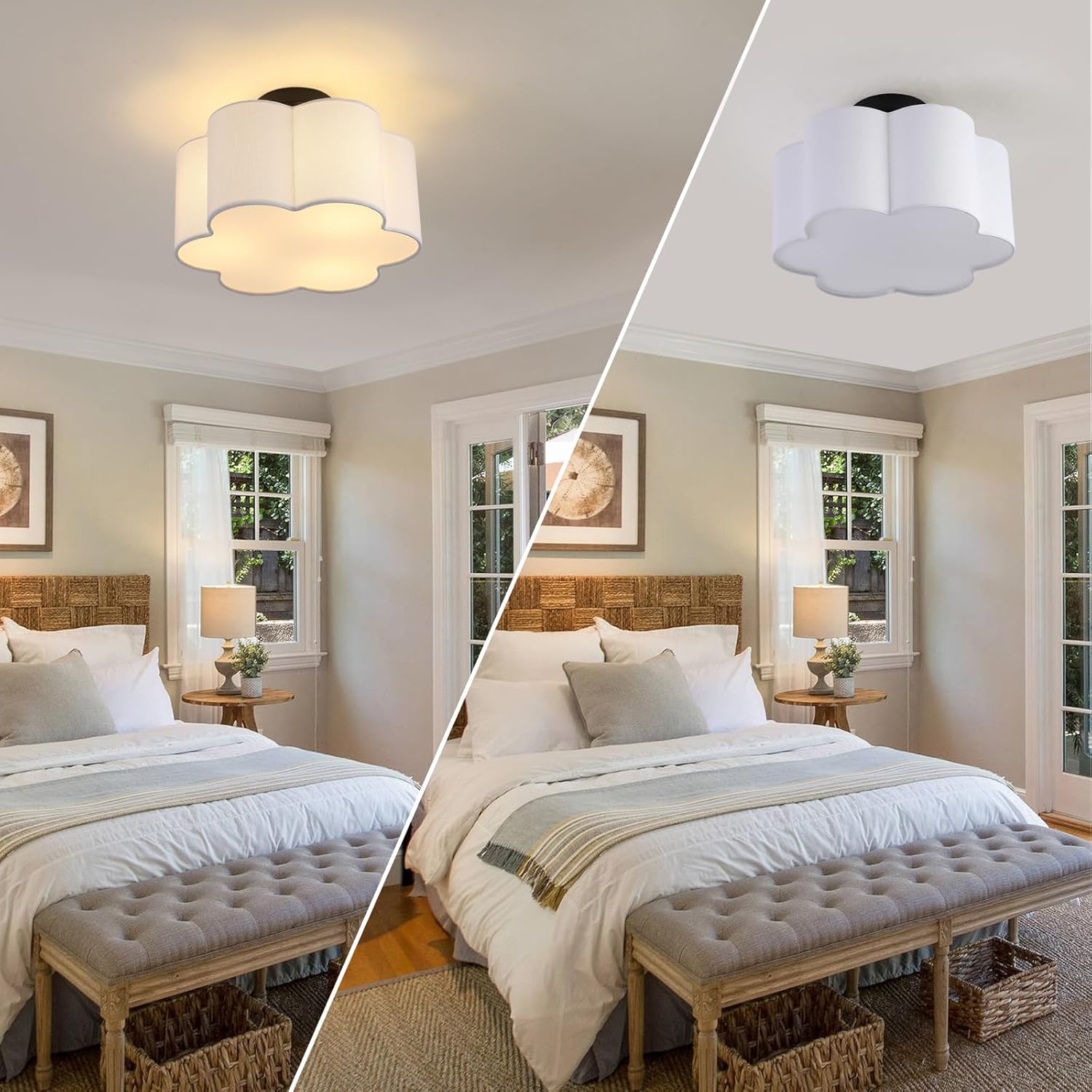 Modern 3-Light Close to Ceiling Lights, Semi Flush Mount Ceiling Light Fixtures with Petal-Shaped Fabric Shade, Black Ceiling Lighting for Nursery Girls Bedroom Kitchen Hallway Foyer