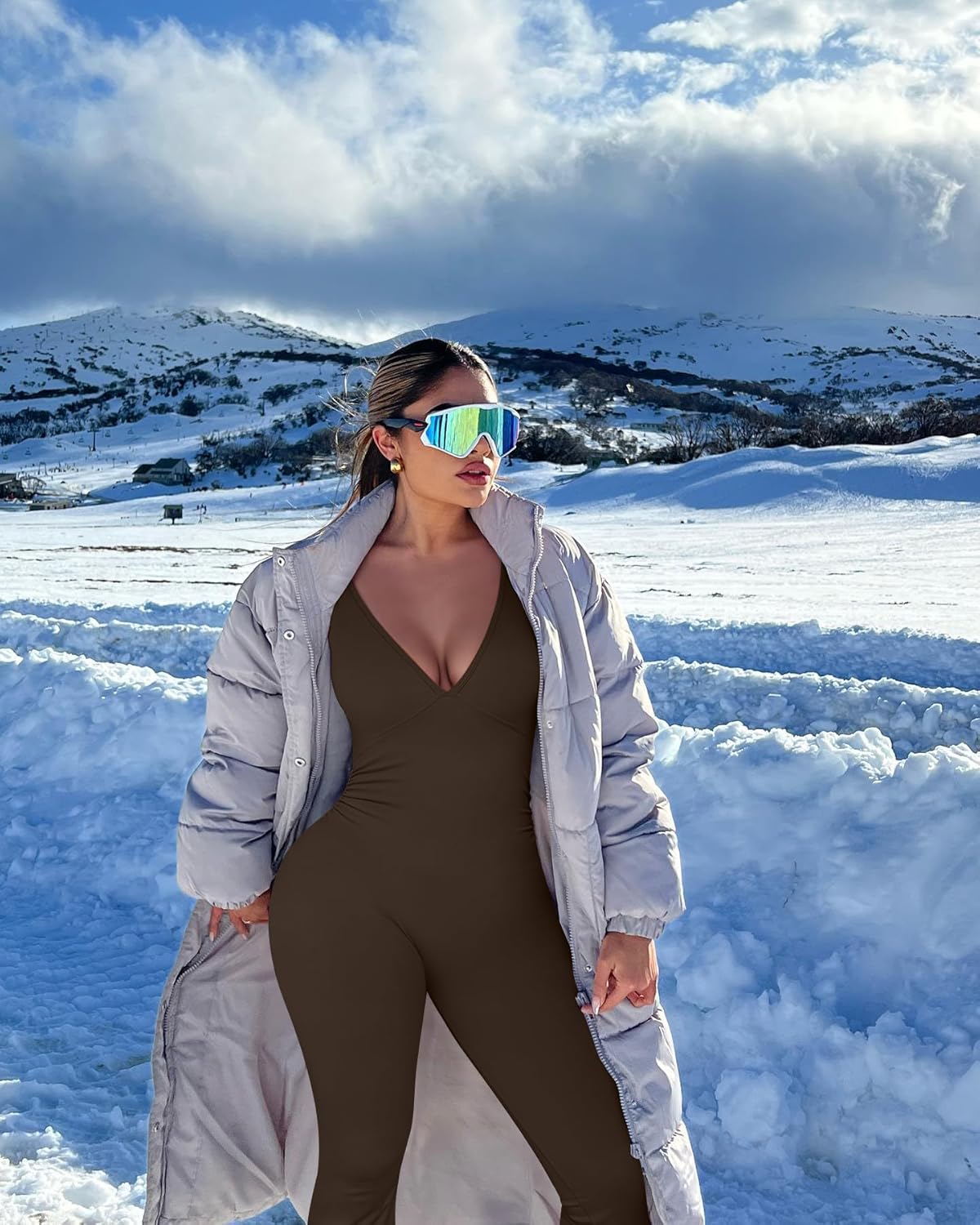 OQQ Women Jumpsuits Long Sleeve Deep V Neck Ruched Flared Jumpsuit - Image 6