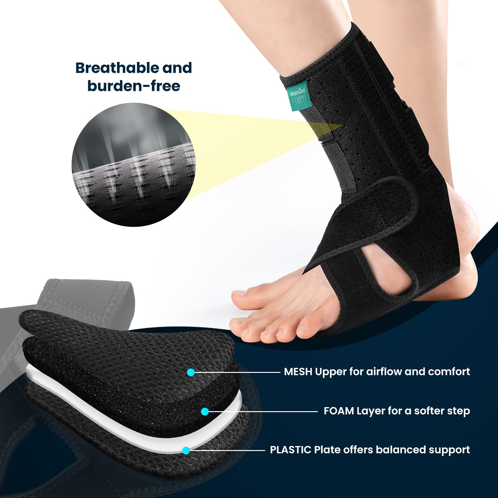Welnove Soporte para pies con caída, ajustable, ligero, para bajar los pies, derrame cerebral, neuropatía, se adapta al pie izquierdo o derecho, se puede llevar con zapatos o descalzo