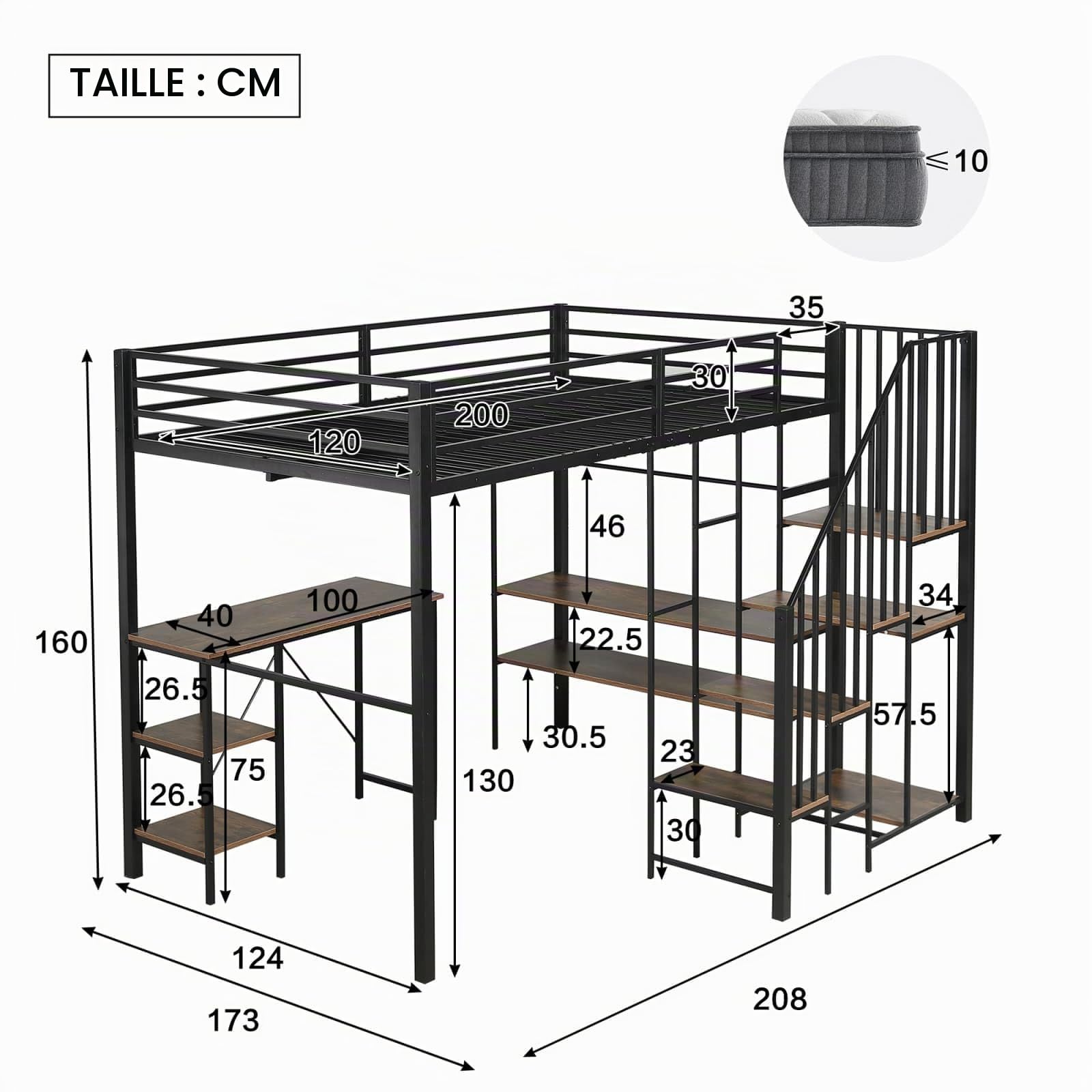 Lit Mezzanine en Fer, 120 x 200cm Lit en Hauteur, avec Bureau et Plusieurs étagères de Rangement, équipé d'un Escalier et Barrière de Sécurité(sans Matelas)