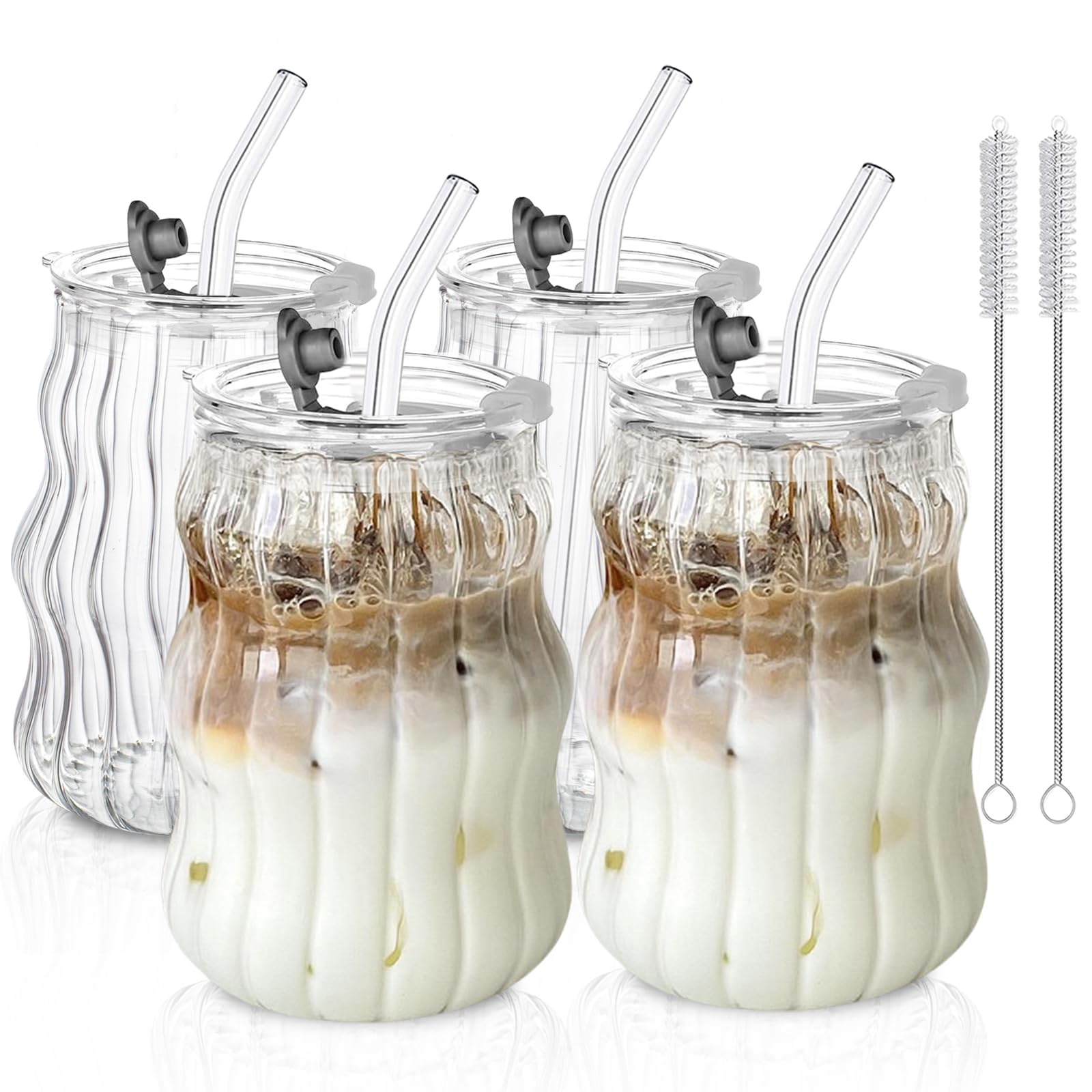 KEMORELA 4PCS Ribbed Glass Cups with Lids Straws 18oz Vintage Wavy Coffee Cups Bubble Glass Aesthetic for Iced