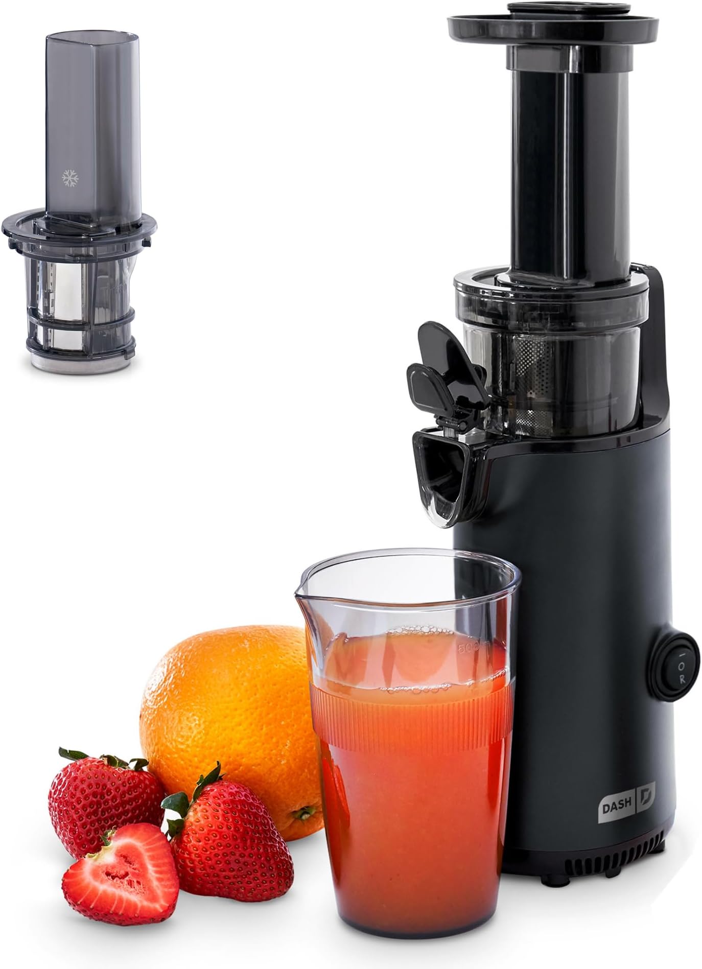 DASH Deluxe Compact Masticating Slow Juicer, Easy to Clean Cold Press Juicer with Brush, Pulp Measuring Cup, Frozen Attachment and Juice Recipe Guide - Black