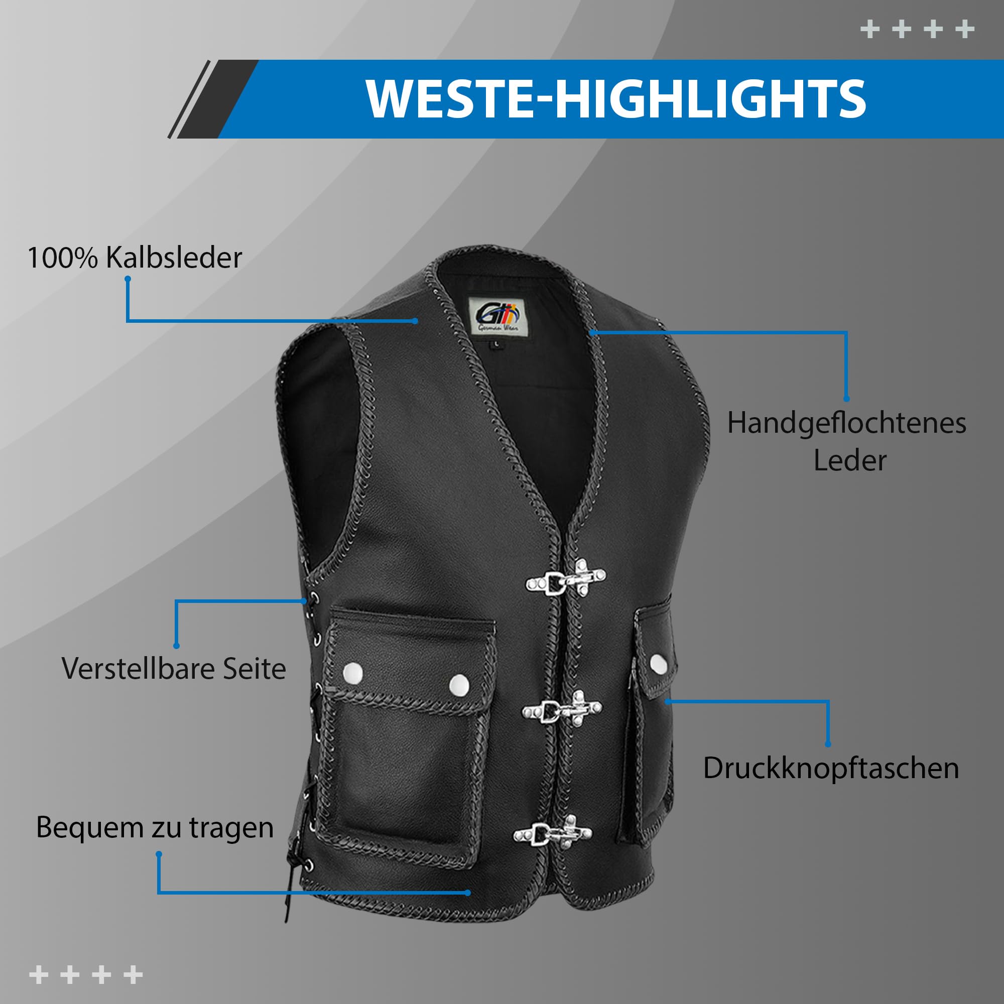 German Wear Lederweste Herren Motorrad Leder Kutte Karabiner Bikerweste Motorradweste geflochten