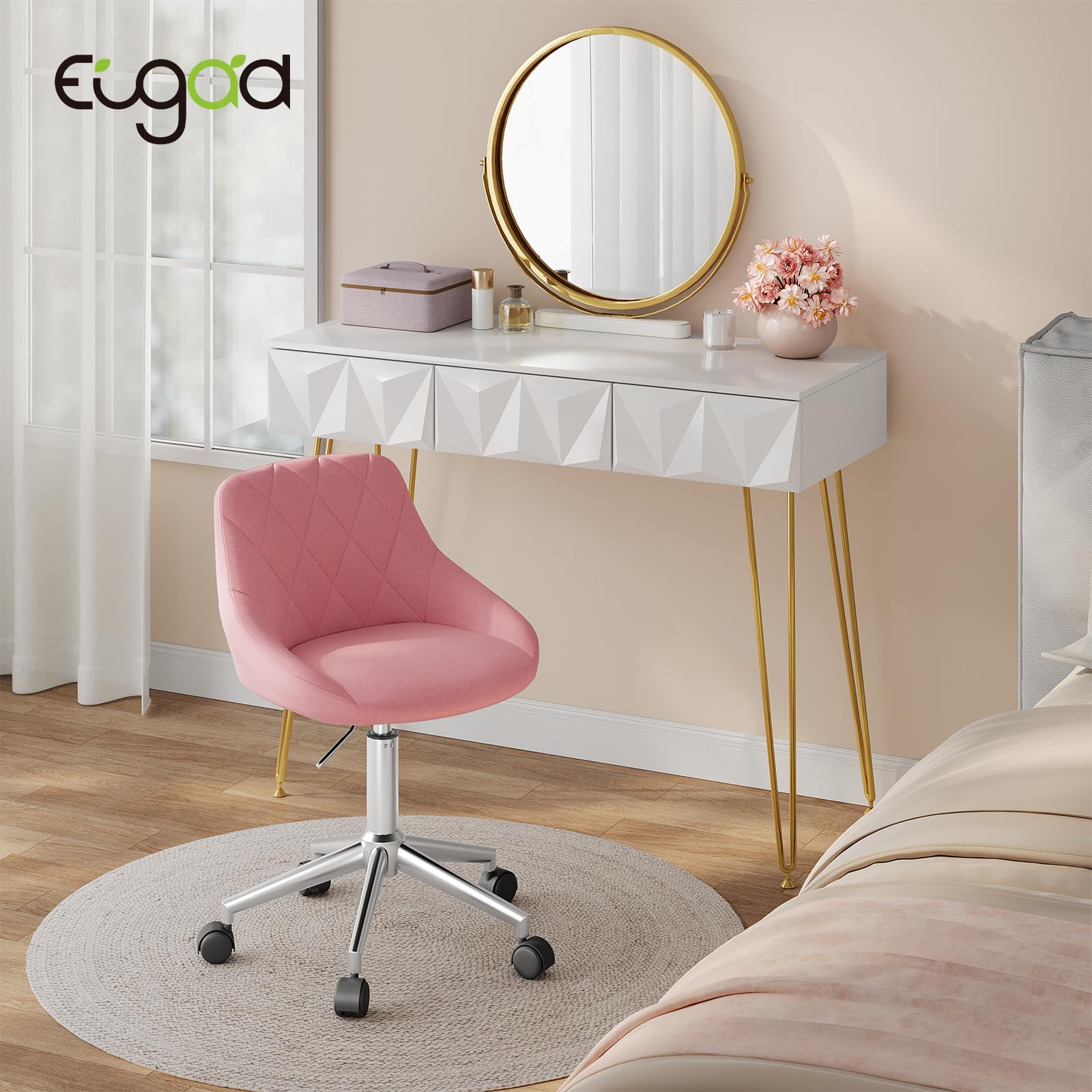 Chaise Coiffeuse à Roulettes avec Dossier Réglable en Hauteur, Tabouret Pivotant en Velours Rose pour Bureau