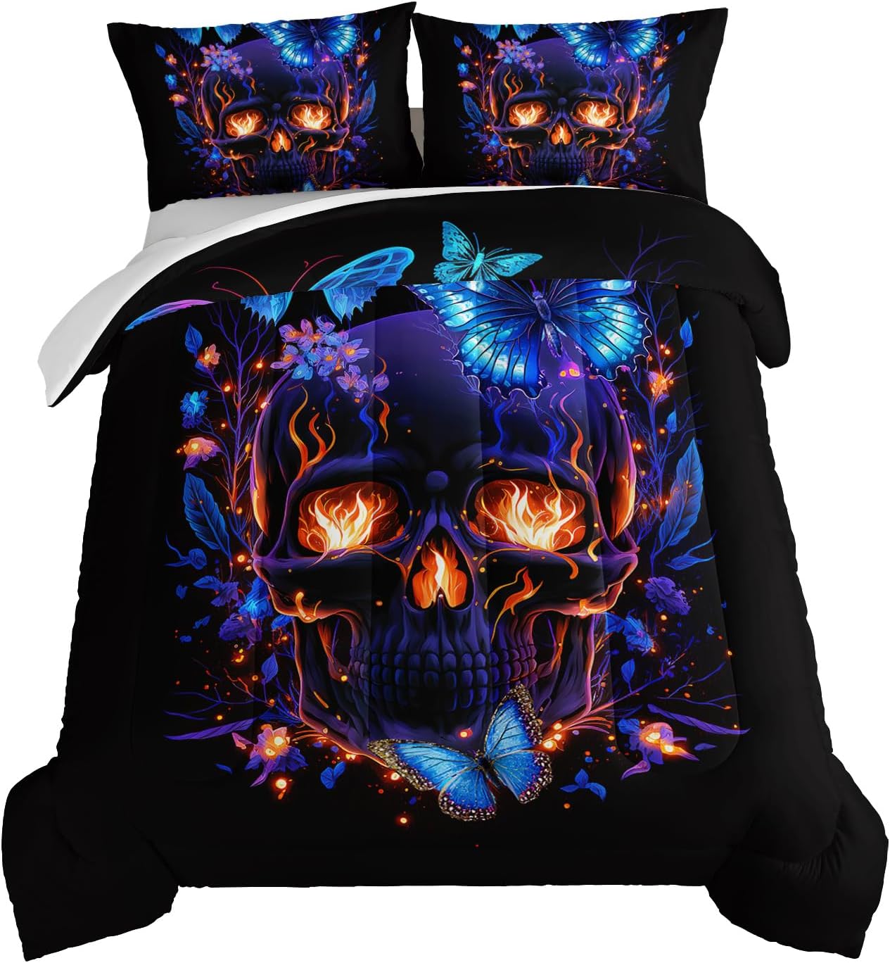 HOSIMA Death Skull Heads Comforter Gothic Bedding Sets,Horror Theme Halloween Bedding Comforter Sets for Teen Girls Boys Room Decor,Butterfly Floral Comforter Queen Size Bed with 2 Pillowcases.