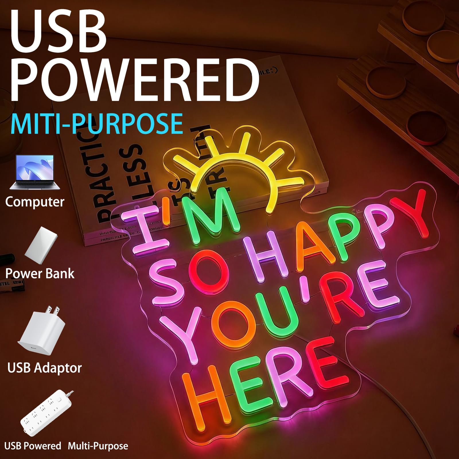 Cartello al neon con scritta "I'm So Happy You're Here", dimmerabile, lettera positiva, affermazione positiva, alimentata tramite USB, colorata, luce di benvenuto, per aule, matrimoni, feste, negozi