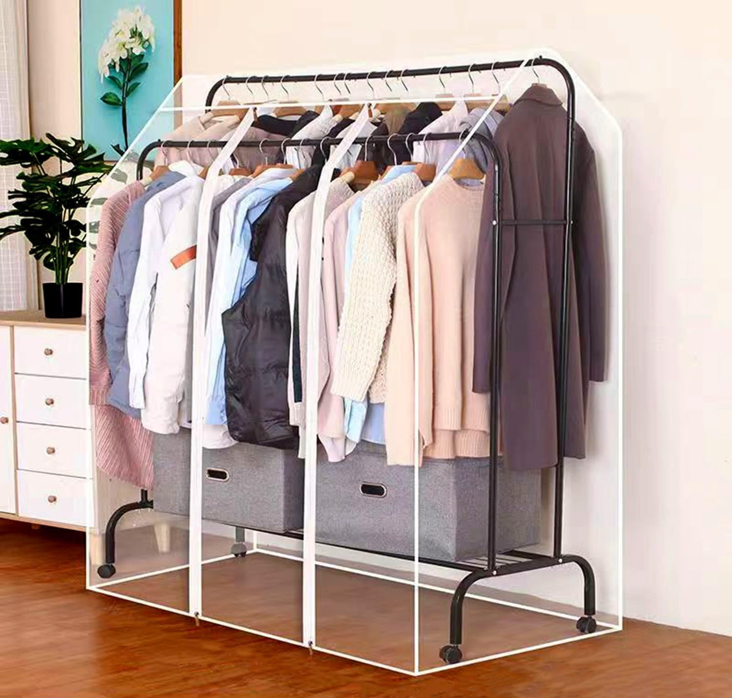 clothes rail cover Transparent Clothes Garment Zipped Rail Cover, clothing wardrobe storage clothes covers protector bags Strong Zipped Hanging Coat Large Protective Garment Cover B,180x75cmx150cm