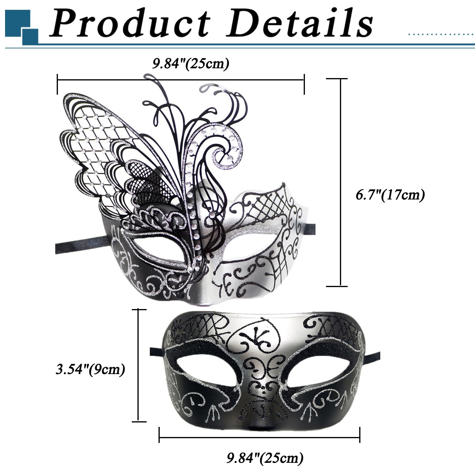 JewelryWe Venetian Carnival Pair Mask: 2 Pieces Ball Masks for Men Women Party Cosplay, Butterfly Silver - Image 6