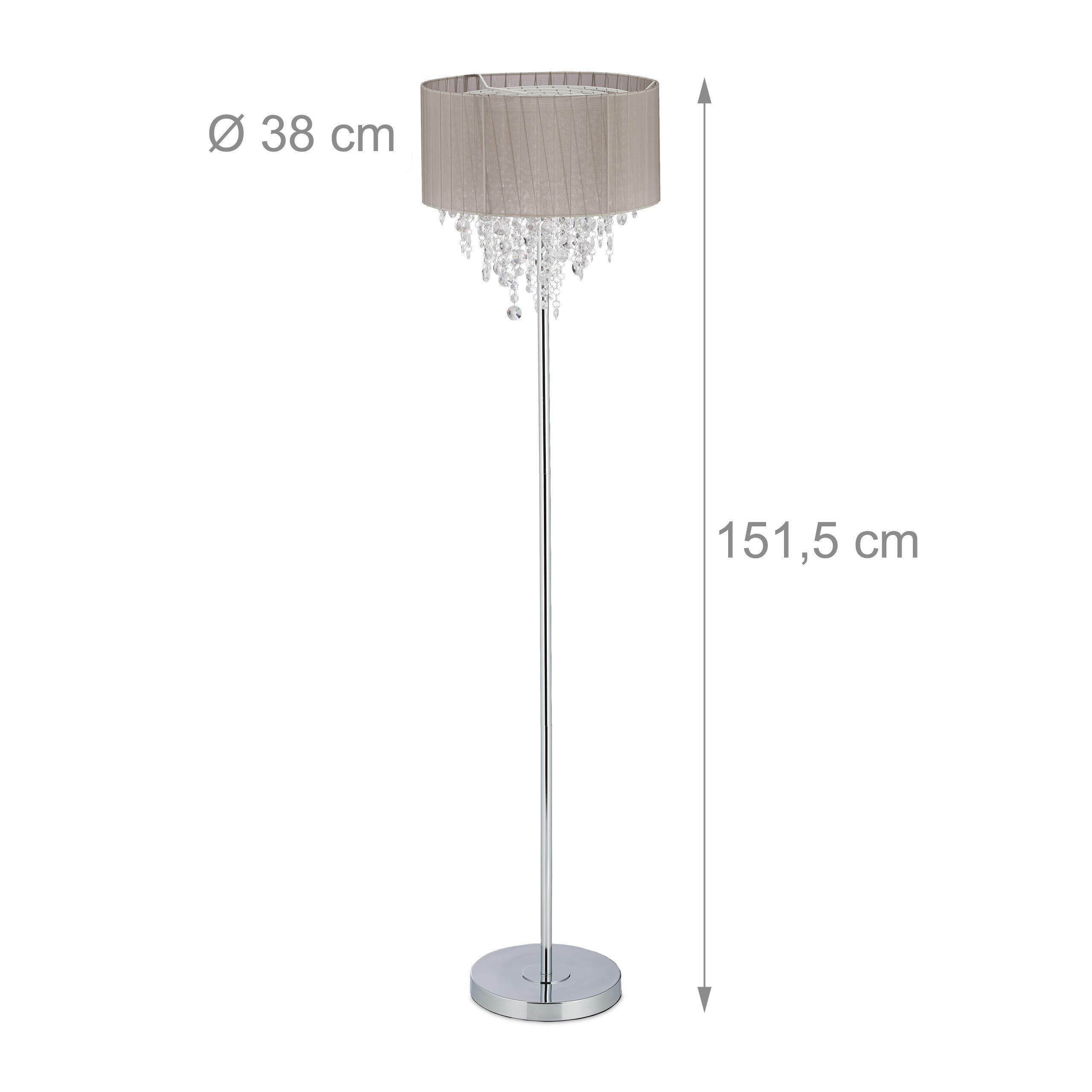 Relaxdays Stehlampe Kristall, Lampenschirm aus Organza, runder Standfuß, E27, Stehleuchte, HxD: 151,5x38 cm, grau/silber