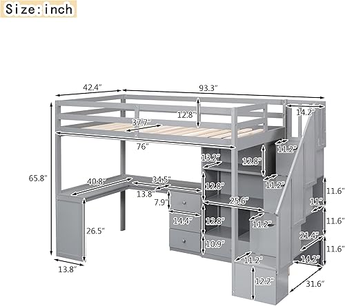 Miniatura 38 de Harper & Bright Designs Cama tipo loft de tamaño individual con escalera de almacenamiento y 2 armarios, cama tipo loft individual para niños con 2
