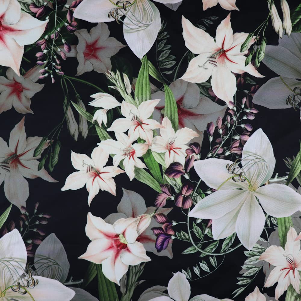 FS314 Lily Amaryllis Floral Print Scuba Dressmaking Fabric | Sold by The Metre | Polyester Elastane Jersey Stretch Drape (Black)