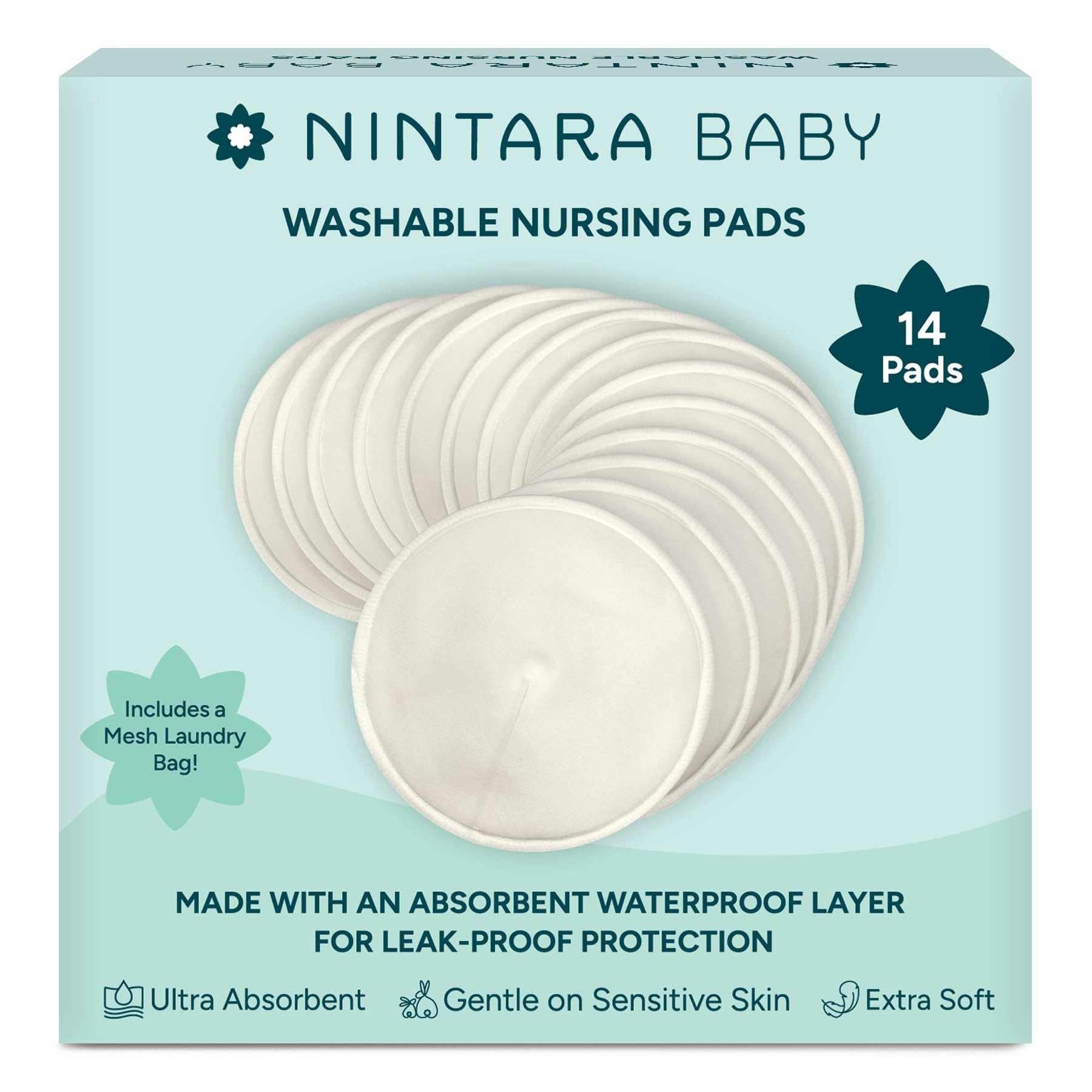 Nintara Baby Reusable Nursing Pads, Soft & Absorbent Breast Pads, Bamboo Viscose Blend, Contoured Fit, Leak-Resistant