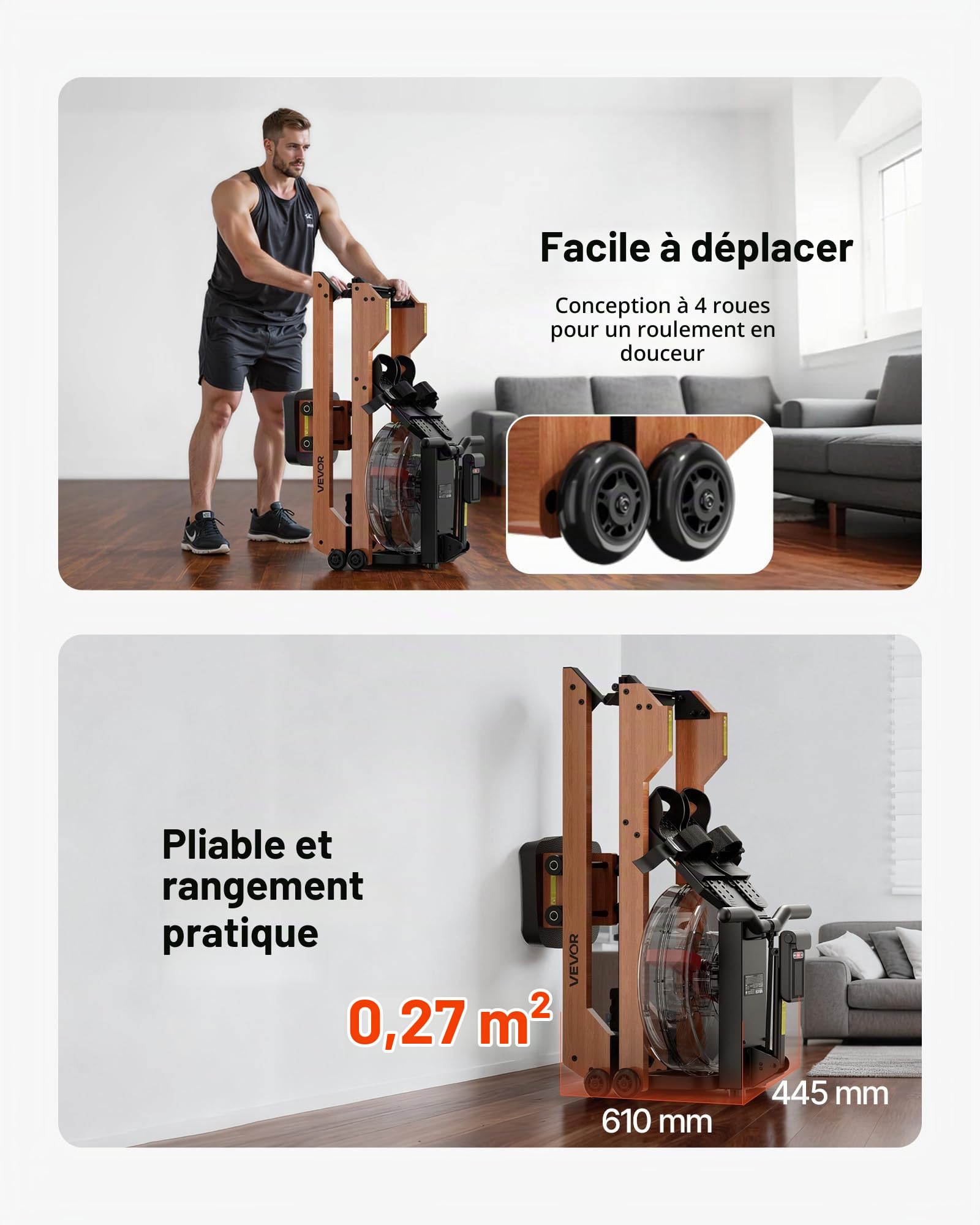 VEVOR Rameur à Eau avec Résistance Silencieuse à 6 Niveaux, Ergomètre Pliable en Bois avec Réservoir d'eau de 14 L et Écran LCD, Capacité de Charge 158 kg, Compatible avec Application Bluetooth