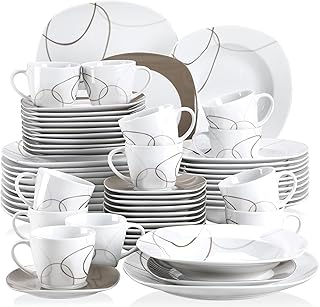 VEWEET NIKITA 60 Piezas Vajillas Elegantes de Porcelana Juegos con 12 Tazas 175 ml, 12 Platillos, 12 Platos Llanos, 12 Platos de Postre y 12 Platos Hondos para 12 Personas, Diseño de Líneas Marrónes