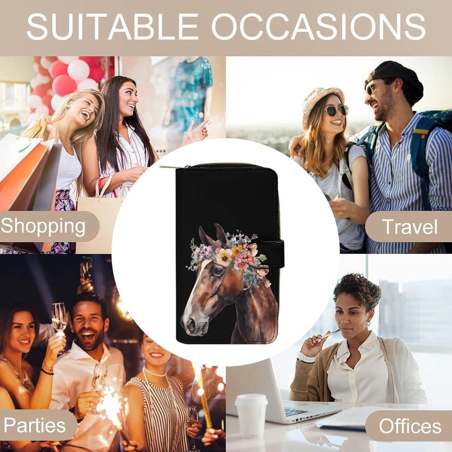 Horse Colorful Flowers Women's Long Wallets Leather Purse Fold Clutch Credit Card Holder