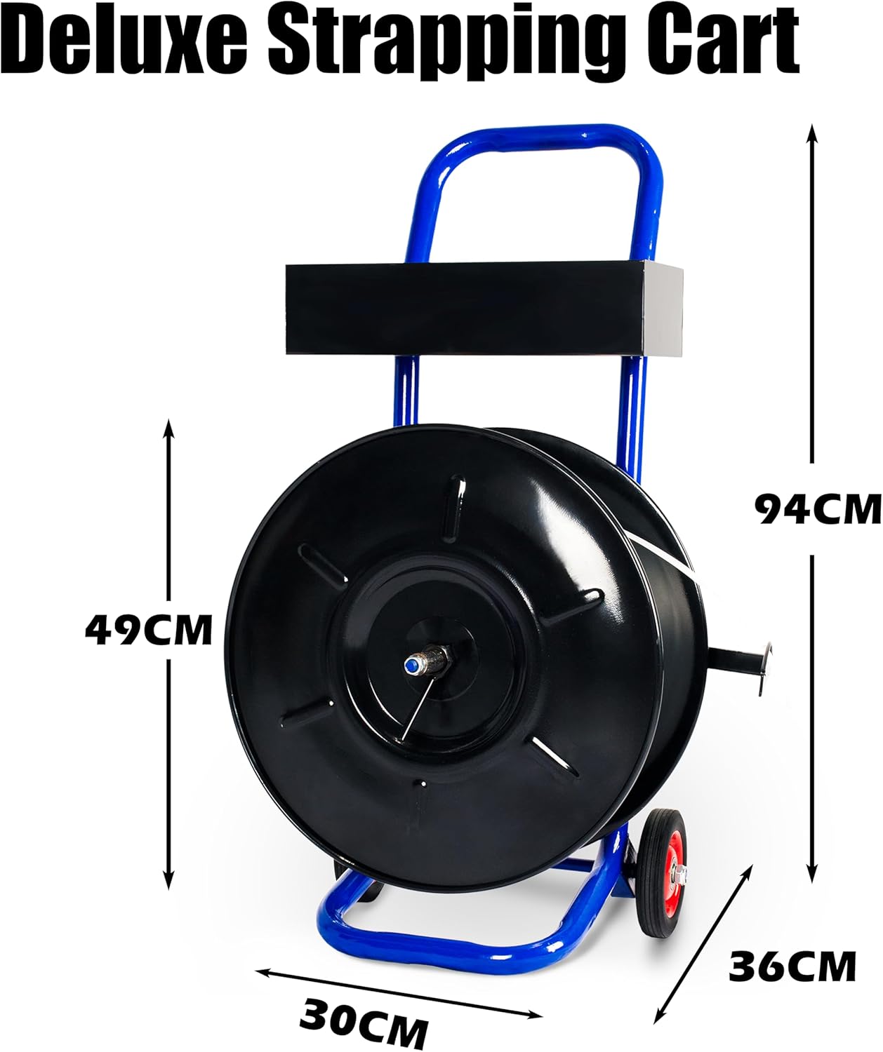 Strapping Dispenser with Built-in Tray for PP, Fibre Strapping, Plastic Steel Coil with 8" x 8" Core Size -Strapping Cart with Spacious Tray for Strapping Cutter, Buckles and Gloves-Blue
